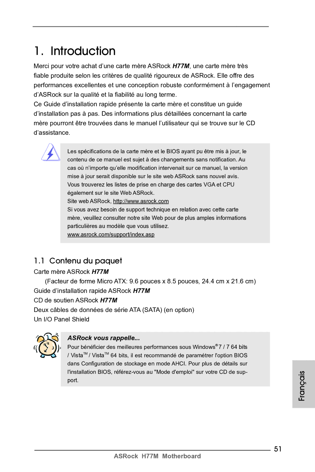 ASRock H77M manual Contenu du paquet, Français 