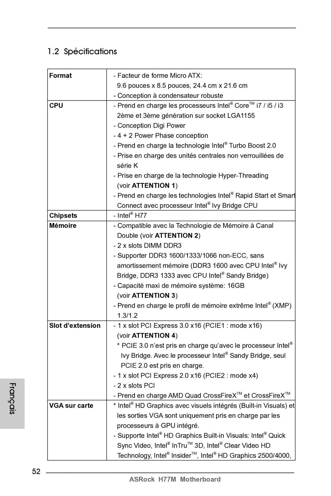 ASRock H77M manual Spécifications Français 