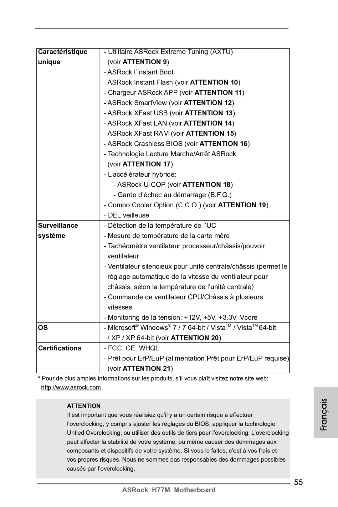 ASRock H77M manual Caractéristique, Unique Voir Attention, Surveillance, Système 