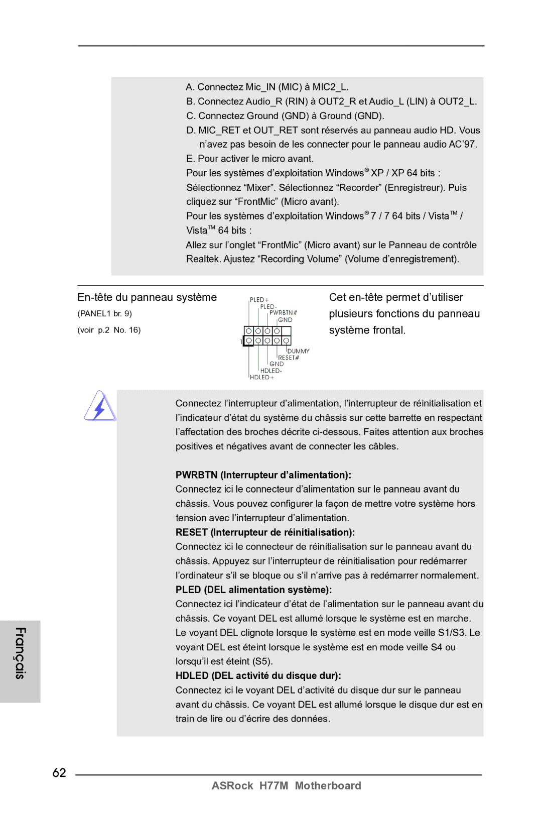 ASRock H77M manual En-tête du panneau système Cet en-tête permet d’utiliser, Système frontal 