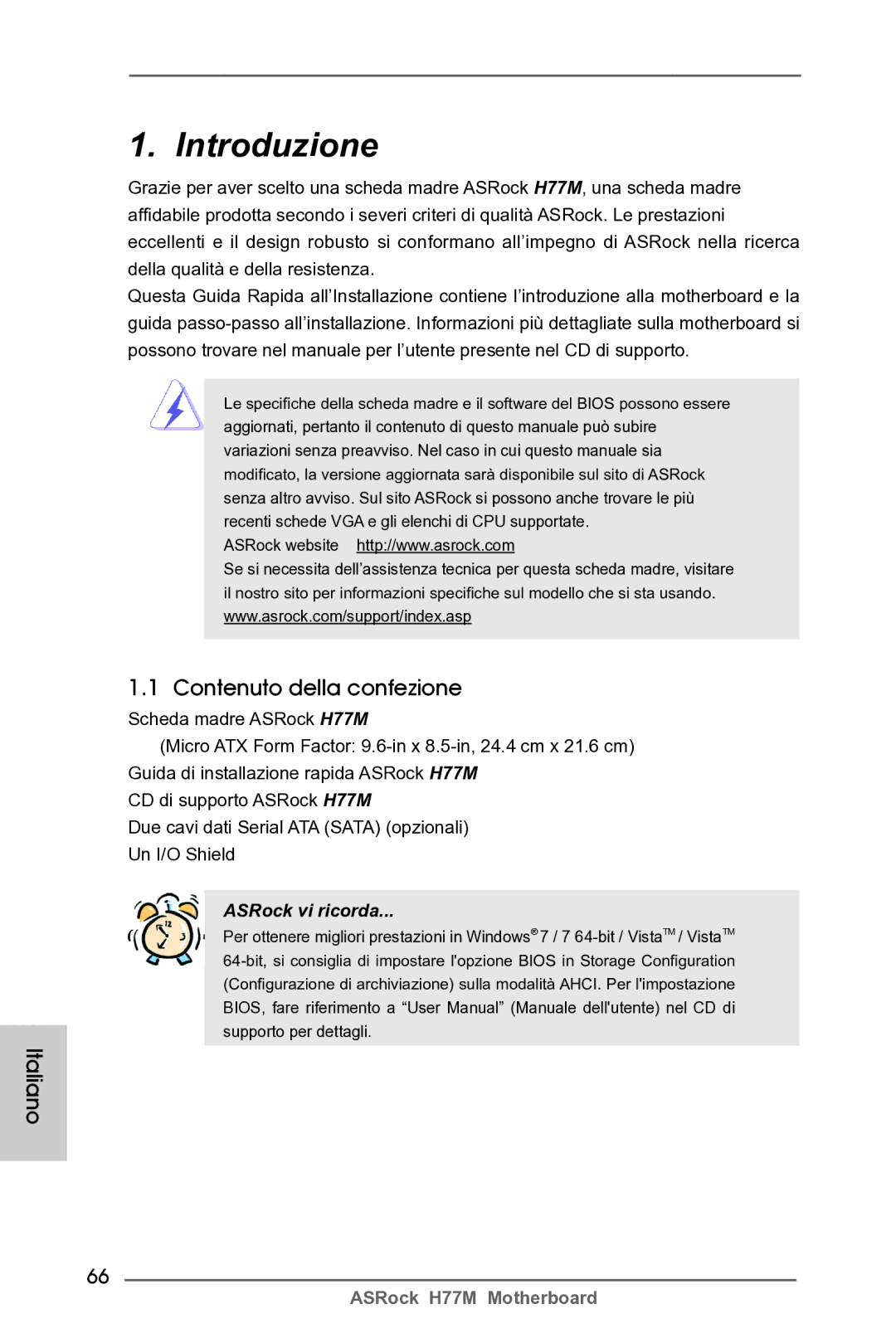 ASRock H77M manual Contenuto della confezione, Italiano 