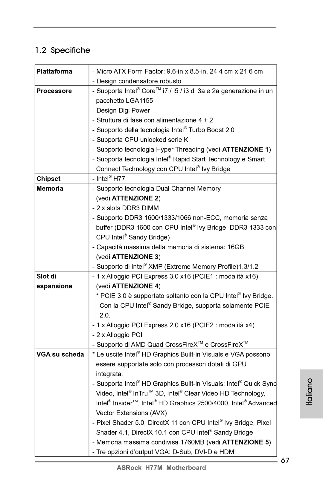 ASRock H77M manual Specifiche 