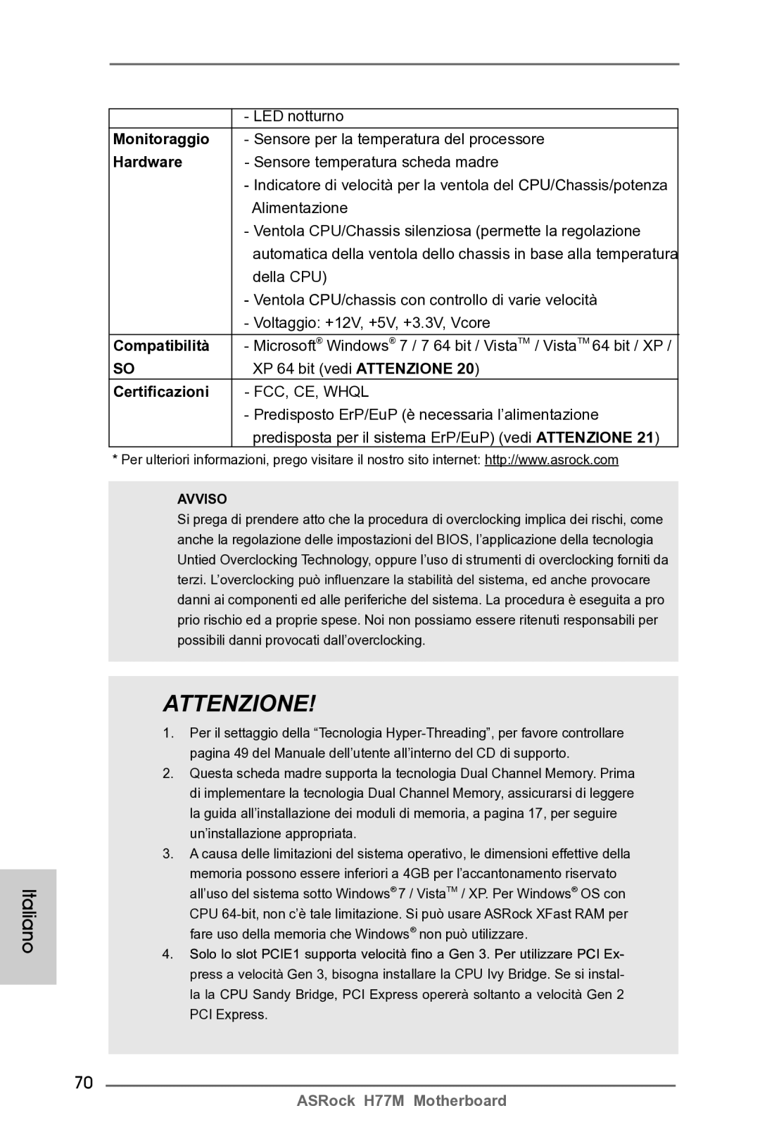 ASRock H77M manual Monitoraggio, Compatibilità, Certificazioni 