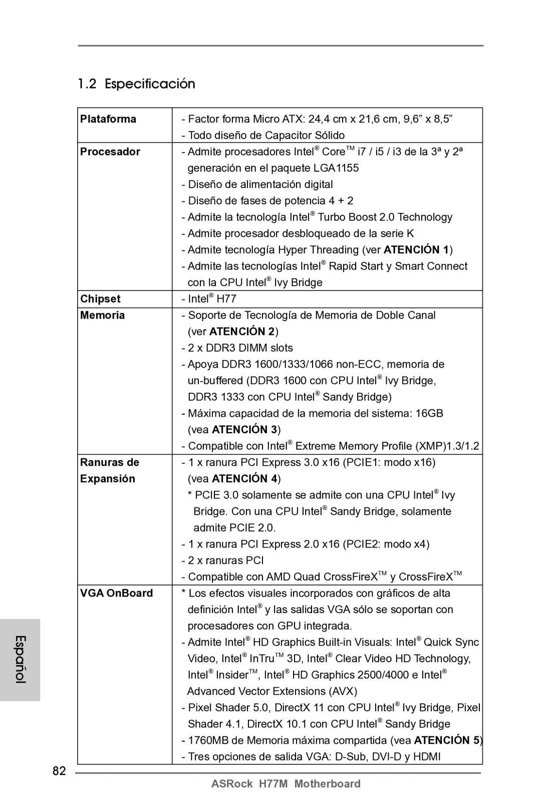 ASRock H77M manual Especificación 