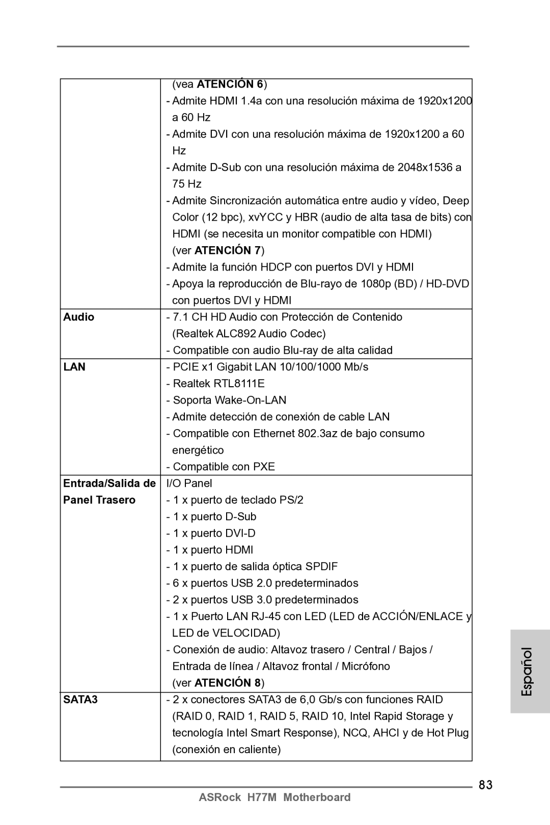 ASRock H77M manual Entrada/Salida de, Panel Trasero 