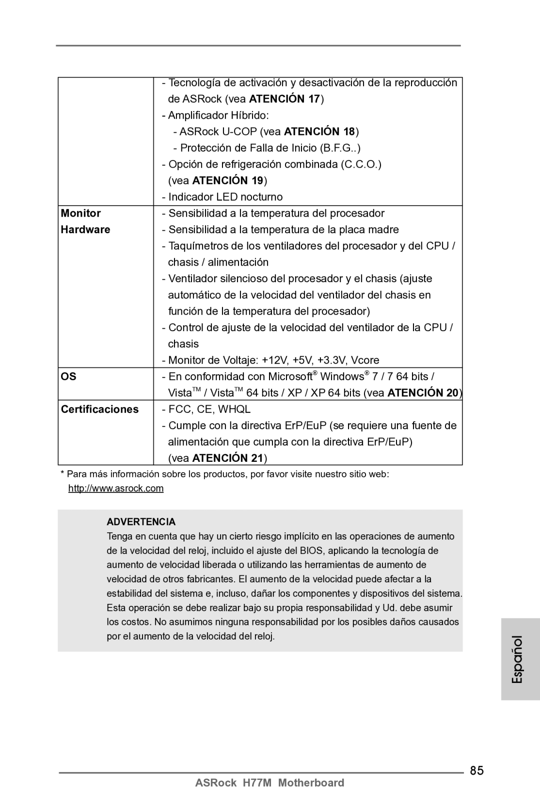 ASRock H77M manual Certificaciones 