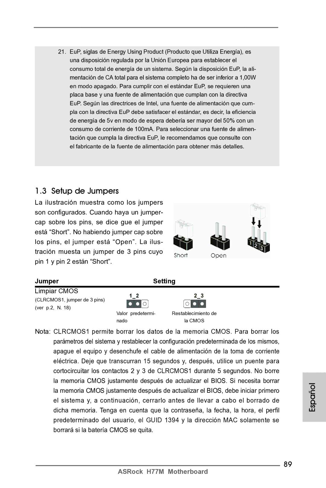 ASRock H77M manual Setup de Jumpers, Jumper Setting, Limpiar Cmos 