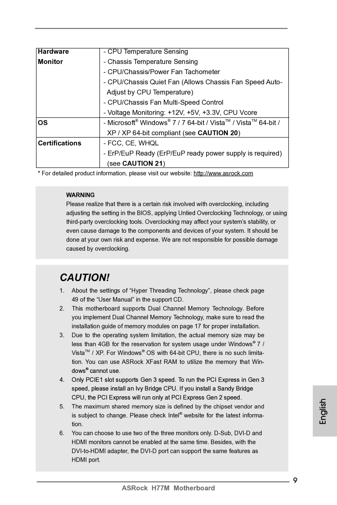 ASRock H77M manual Hardware, Monitor, Certifications 