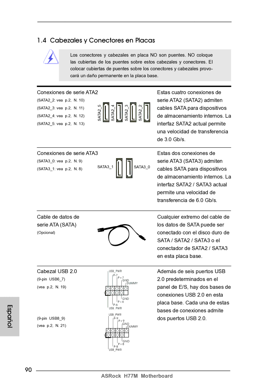 ASRock H77M manual Cabezales y Conectores en Placas 