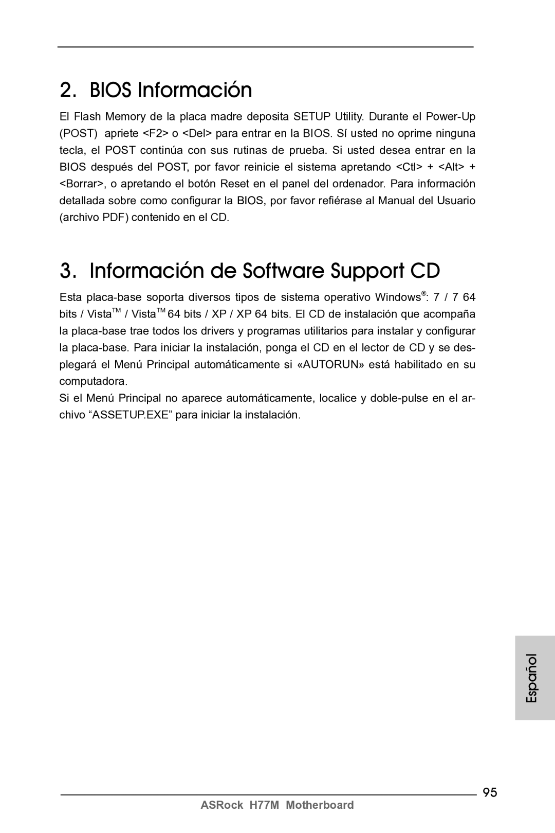 ASRock H77M manual Bios Información Información de Software Support CD 