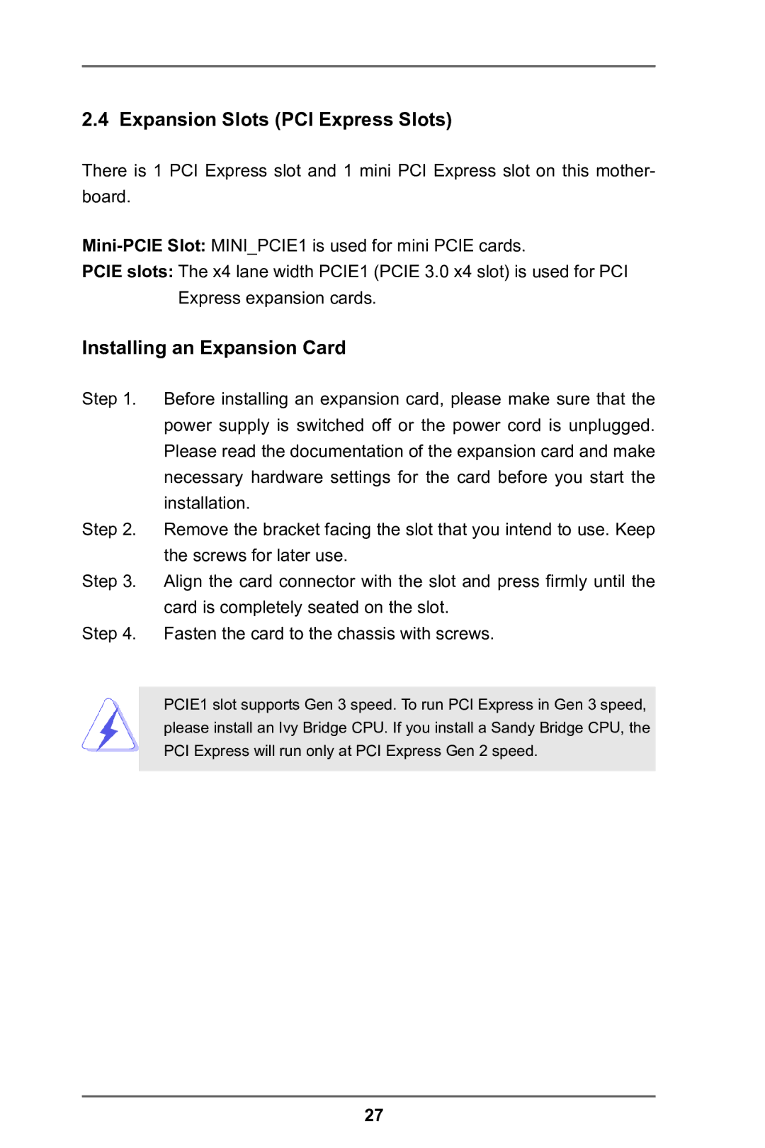 ASRock H77TM-ITX manual Expansion Slots PCI Express Slots, Installing an Expansion Card 