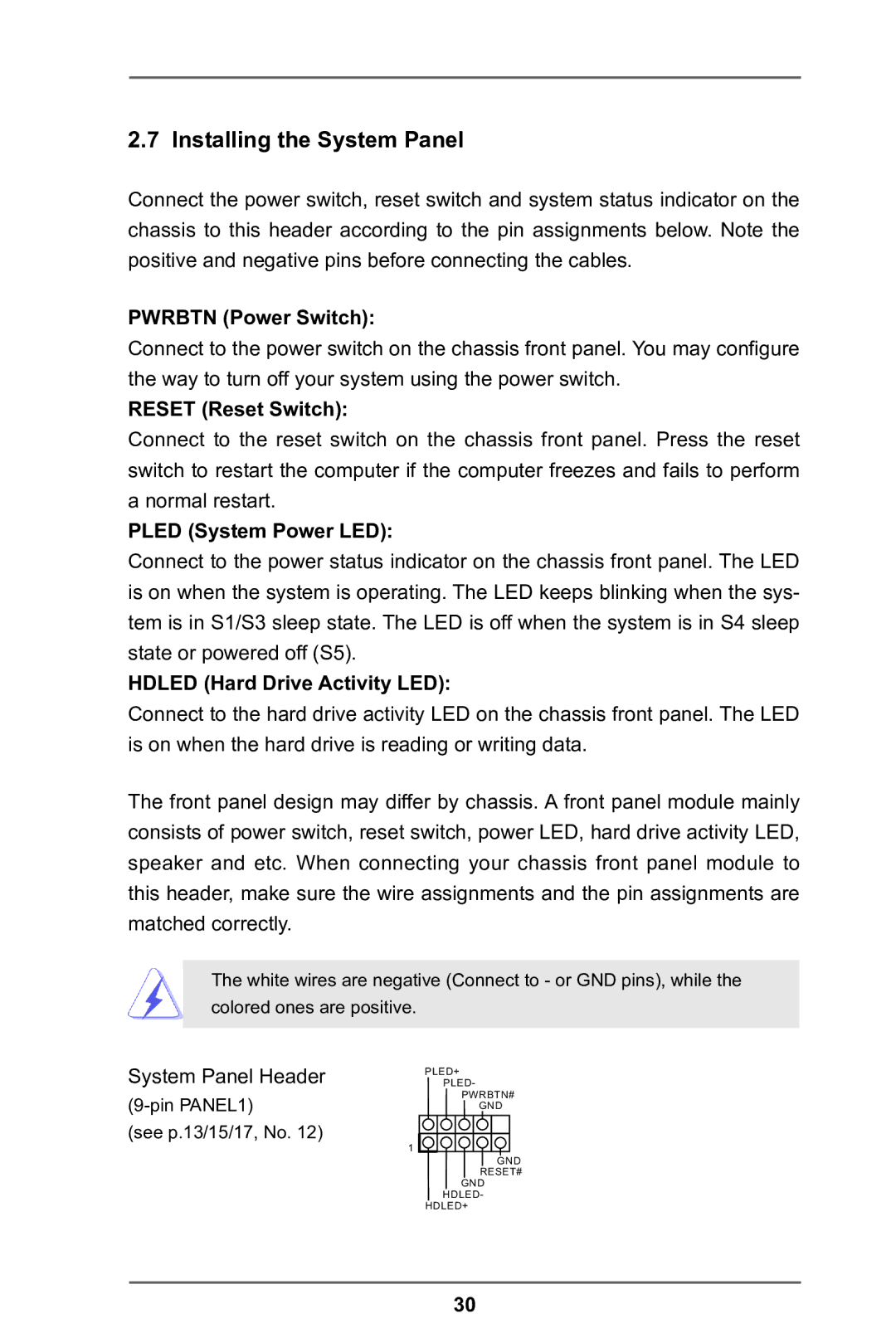 ASRock H77TM-ITX manual Installing the System Panel, Pwrbtn Power Switch, Reset Reset Switch, Pled System Power LED 