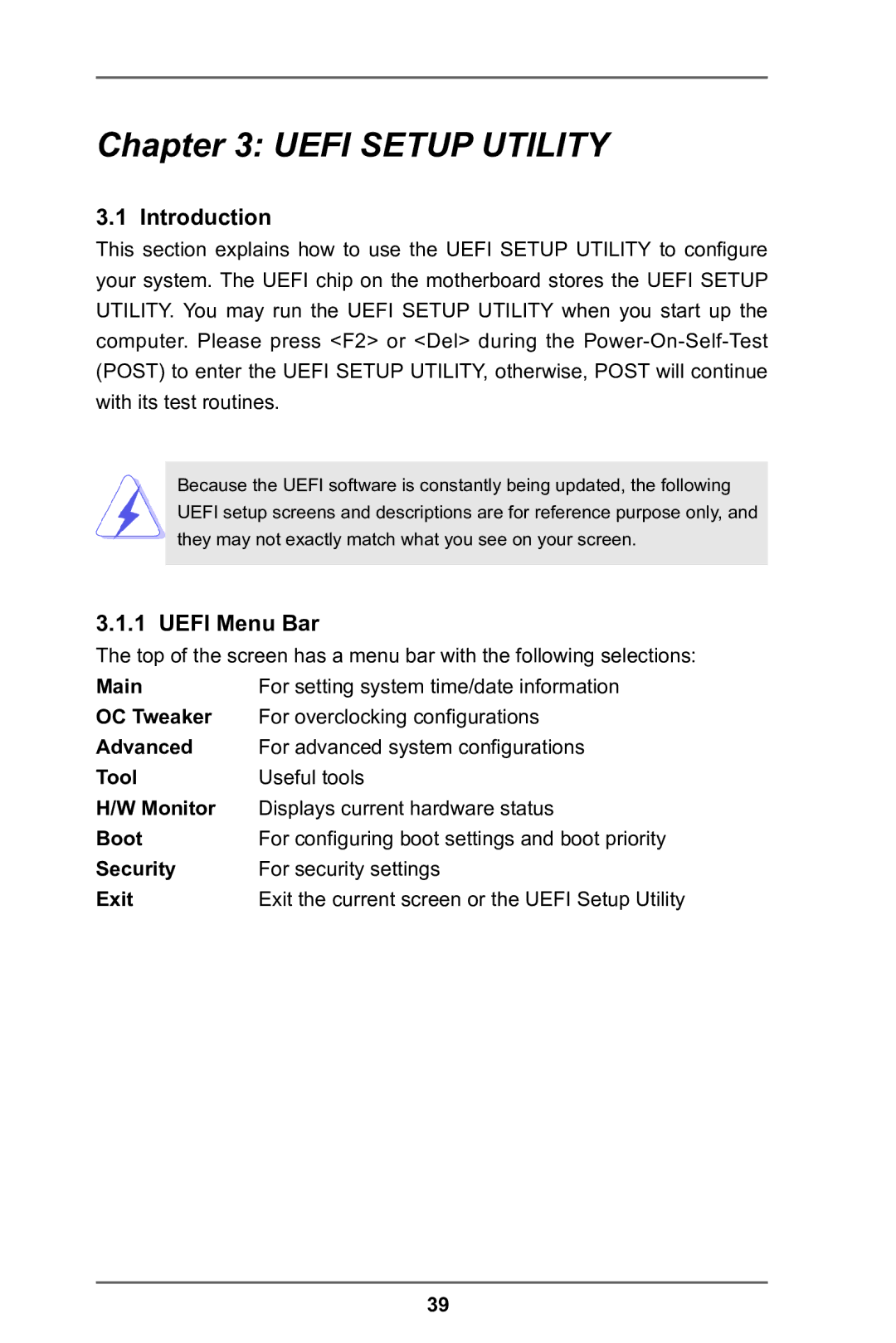 ASRock H77TM-ITX manual Introduction, Uefi Menu Bar 