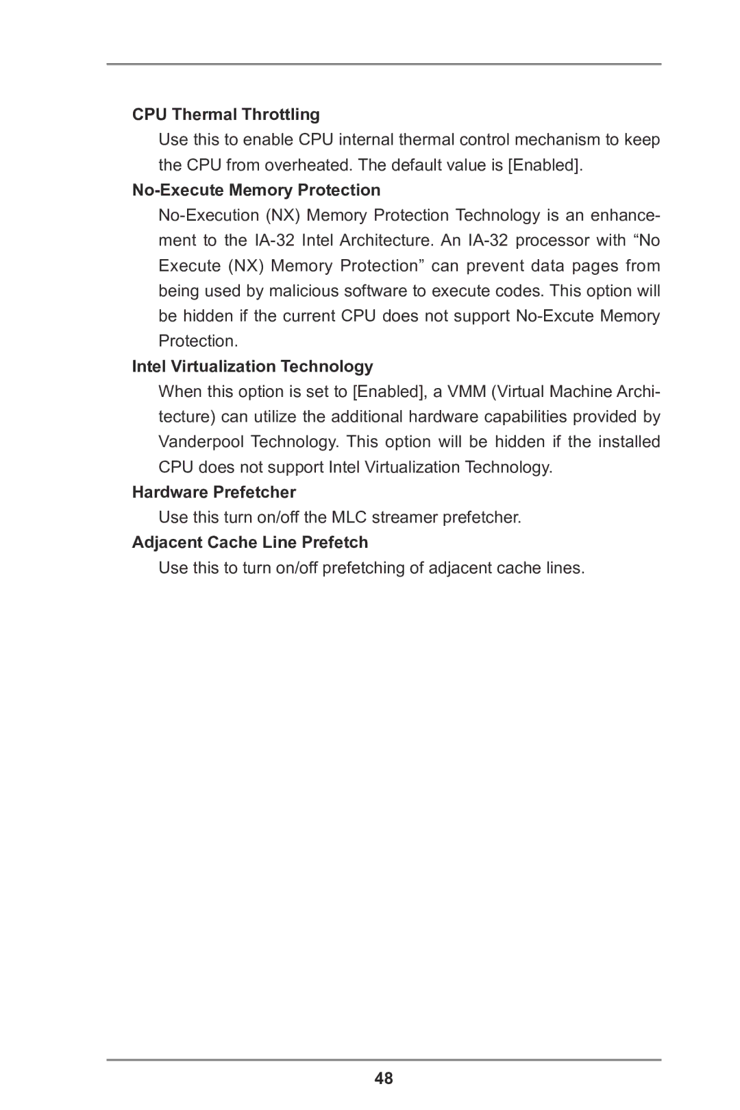 ASRock H77TM-ITX manual CPU Thermal Throttling, No-Execute Memory Protection, Intel Virtualization Technology 