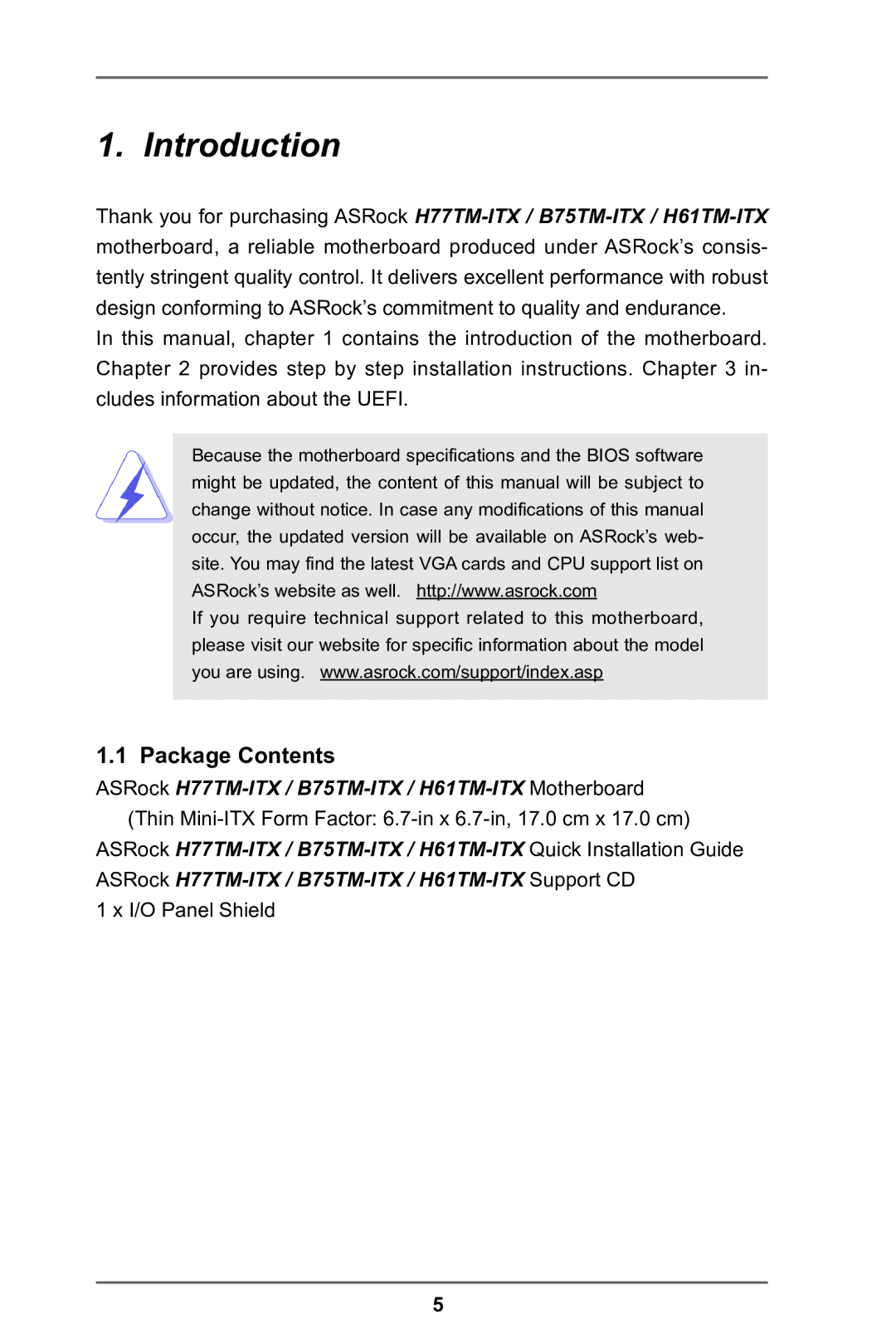 ASRock H77TM-ITX manual Introduction, Package Contents 