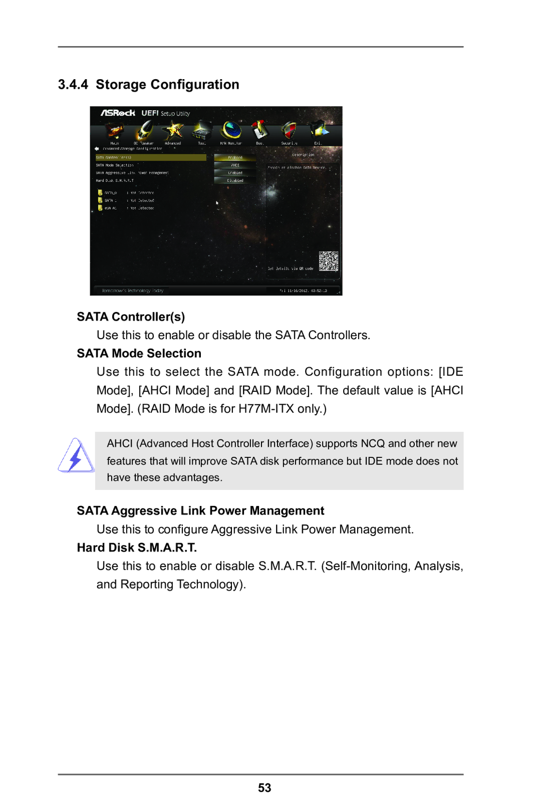 ASRock H77TM-ITX manual Storage Configuration, Sata Controllers, Sata Mode Selection, Sata Aggressive Link Power Management 