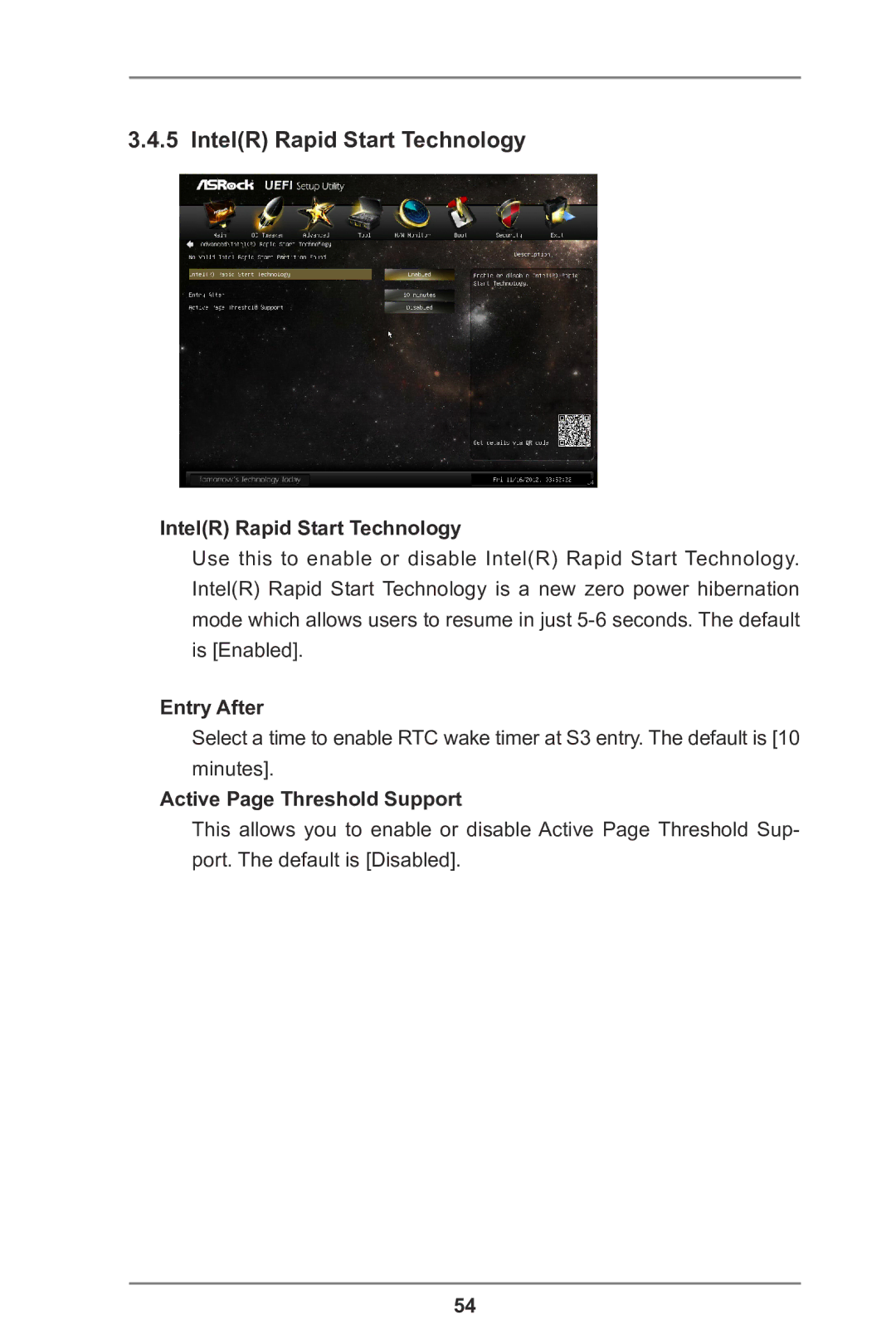 ASRock H77TM-ITX manual IntelR Rapid Start Technology, Entry After, Active Page Threshold Support 