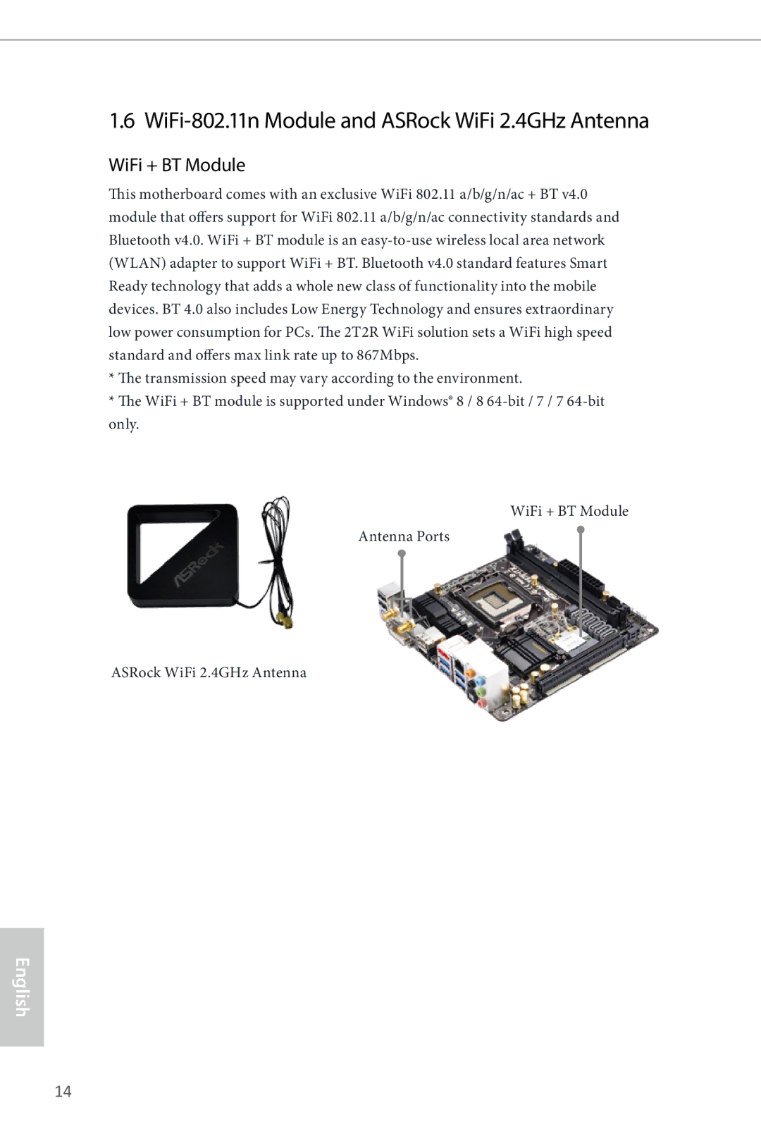 ASRock H87E-ITX/ac manual WiFi-802.11n Module and ASRock WiFi 2.4GHz Antenna, WiFi + BT Module 