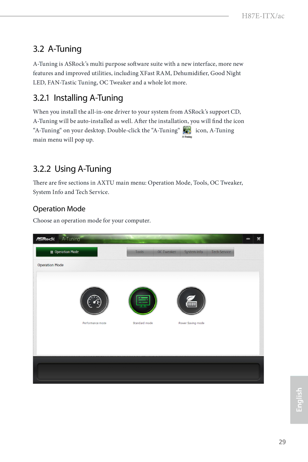 ASRock H87E-ITX/ac manual Installing A-Tuning, Using A-Tuning, Operation Mode 