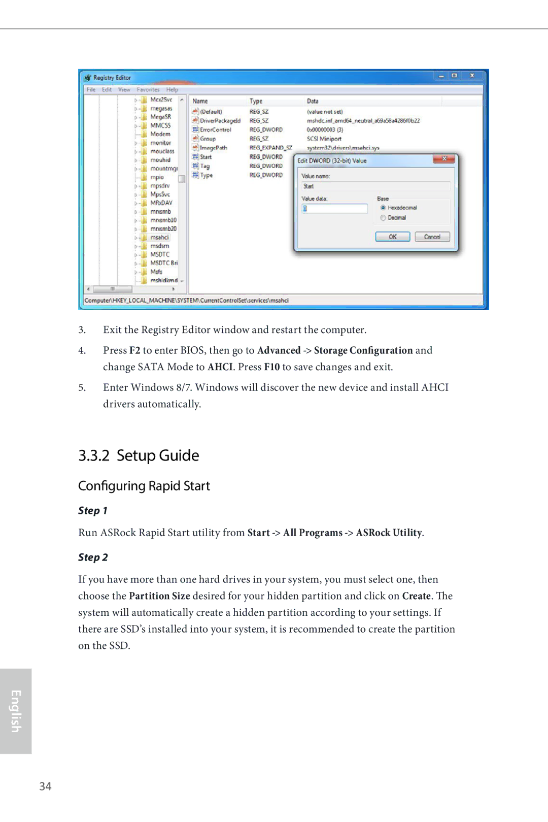 ASRock H87E-ITX/ac manual Setup Guide, Configuring Rapid Start 