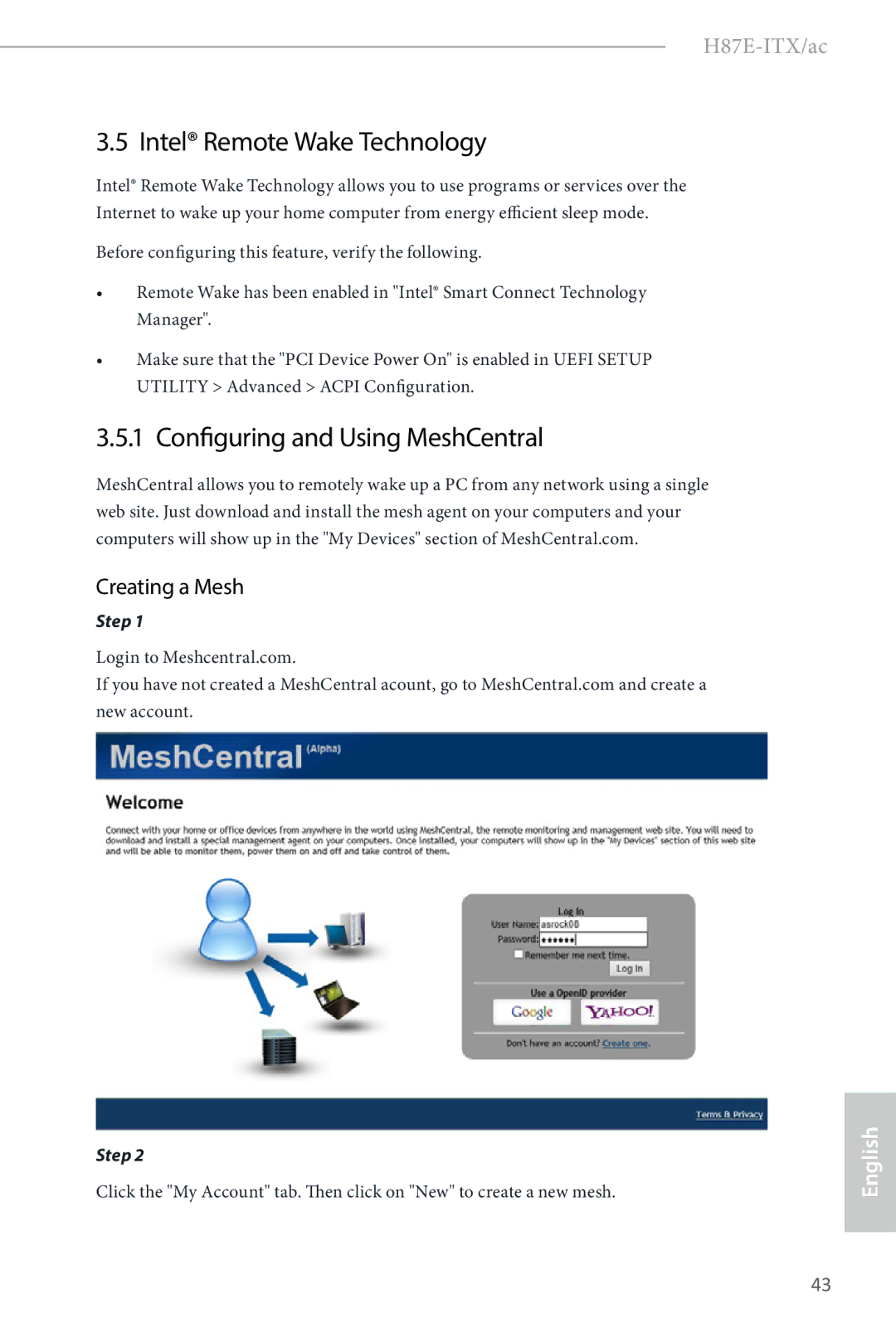 ASRock H87E-ITX/ac manual Intel Remote Wake Technology, Configuring and Using MeshCentral, Creating a Mesh 