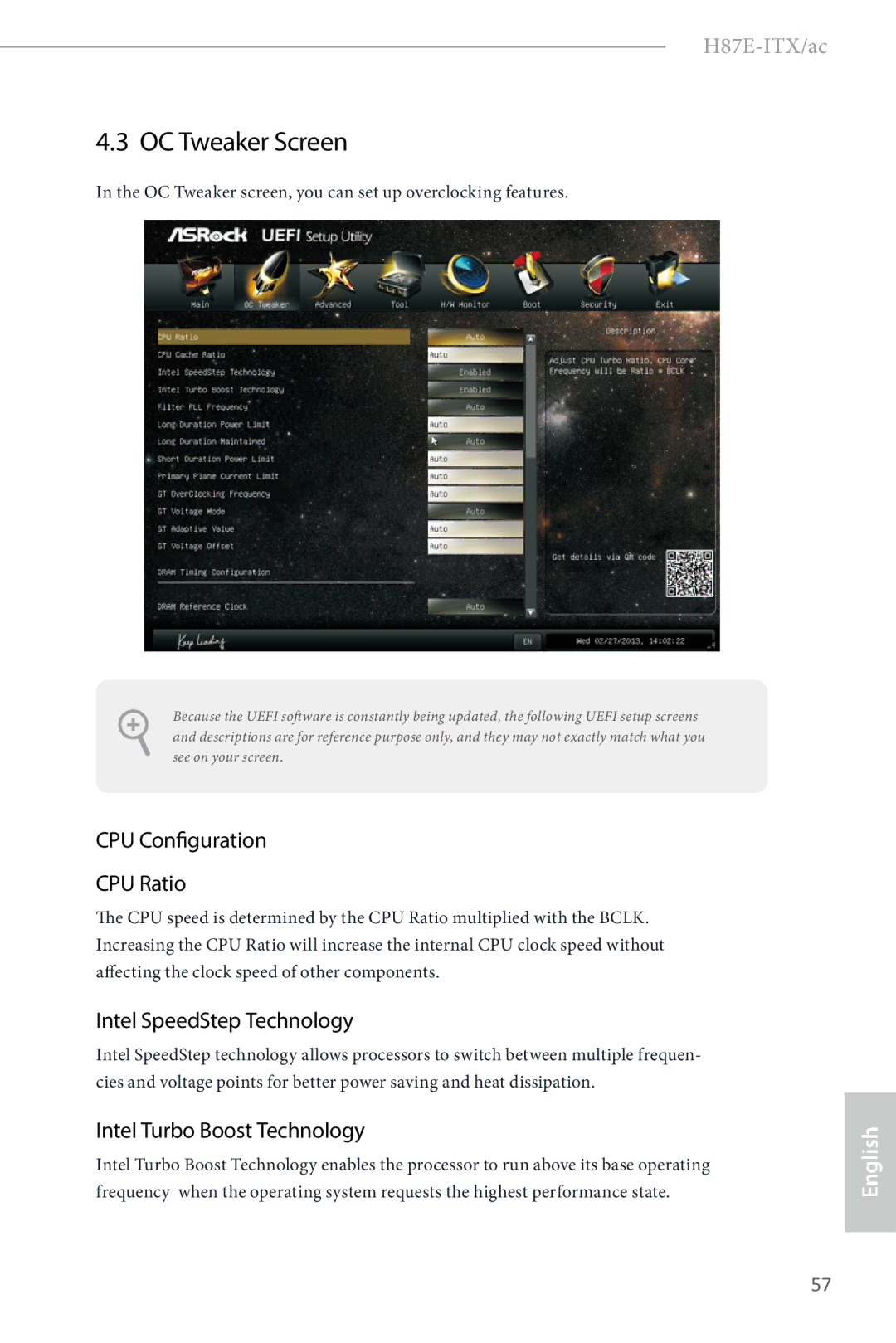 ASRock H87E-ITX/ac manual OC Tweaker Screen, CPU Configuration CPU Ratio, Intel SpeedStep Technology 