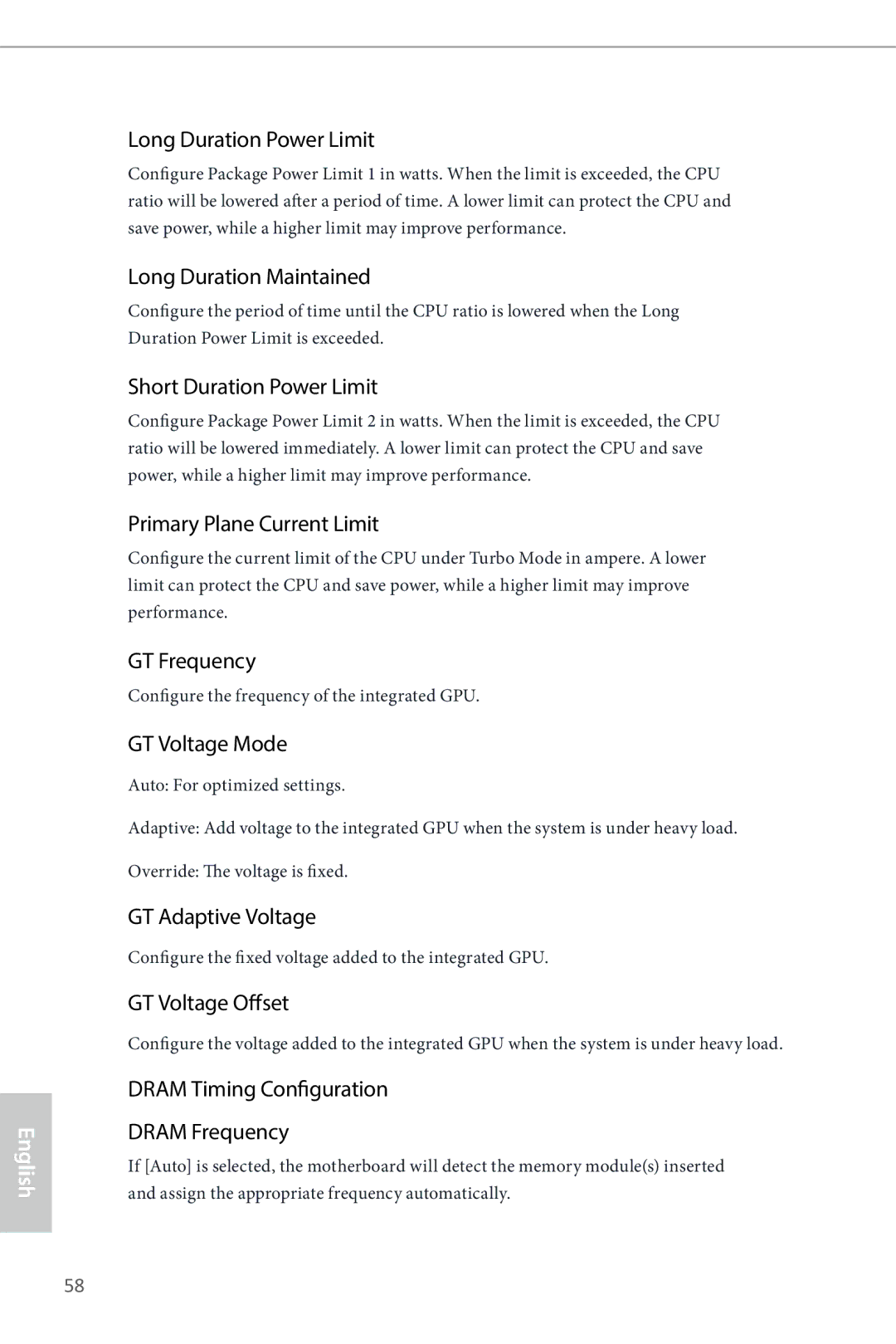 ASRock H87E-ITX/ac manual Long Duration Power Limit, Long Duration Maintained, Short Duration Power Limit, GT Frequency 