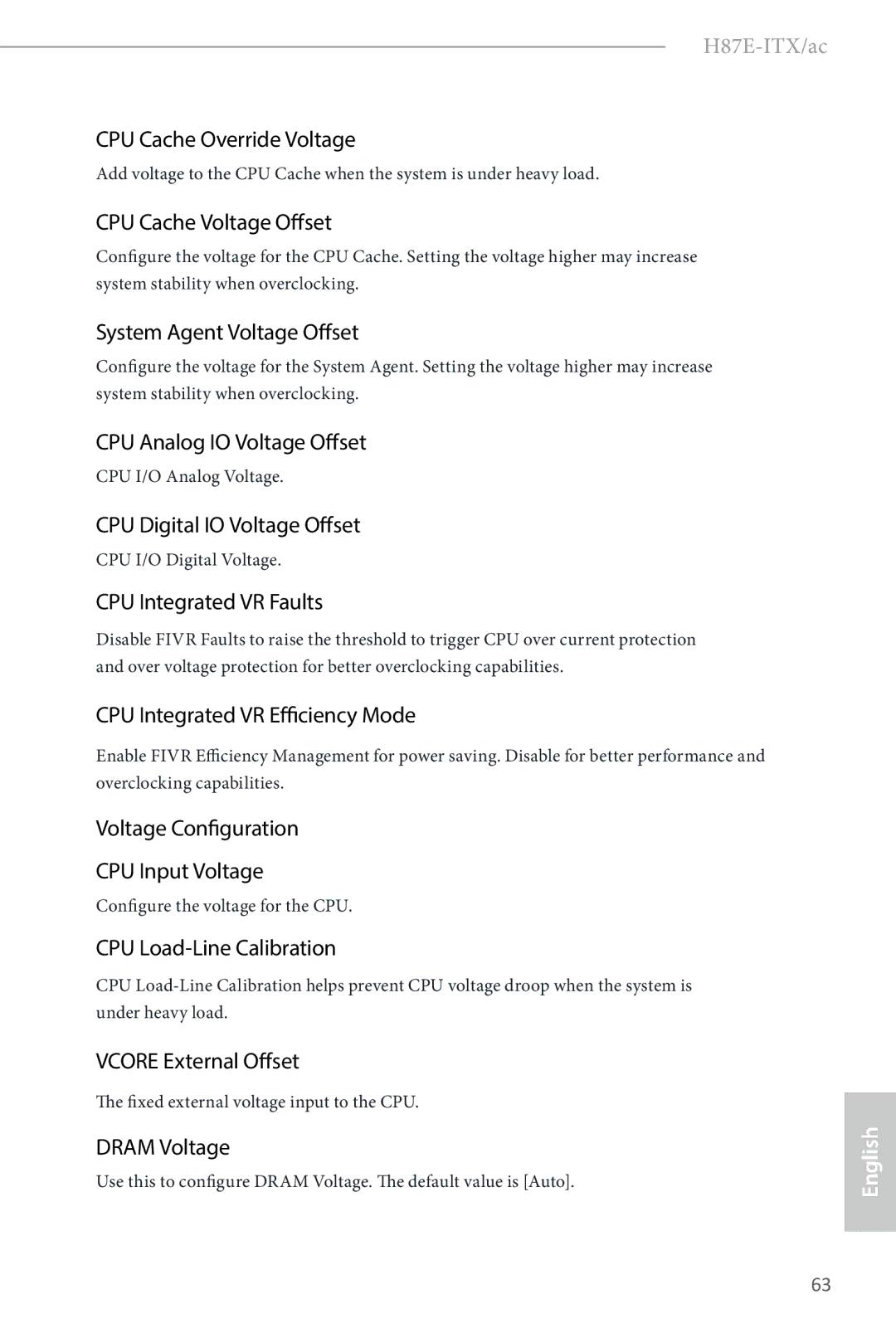 ASRock H87E-ITX/ac manual CPU Cache Override Voltage, CPU Cache Voltage Offset, System Agent Voltage Offset, Dram Voltage 