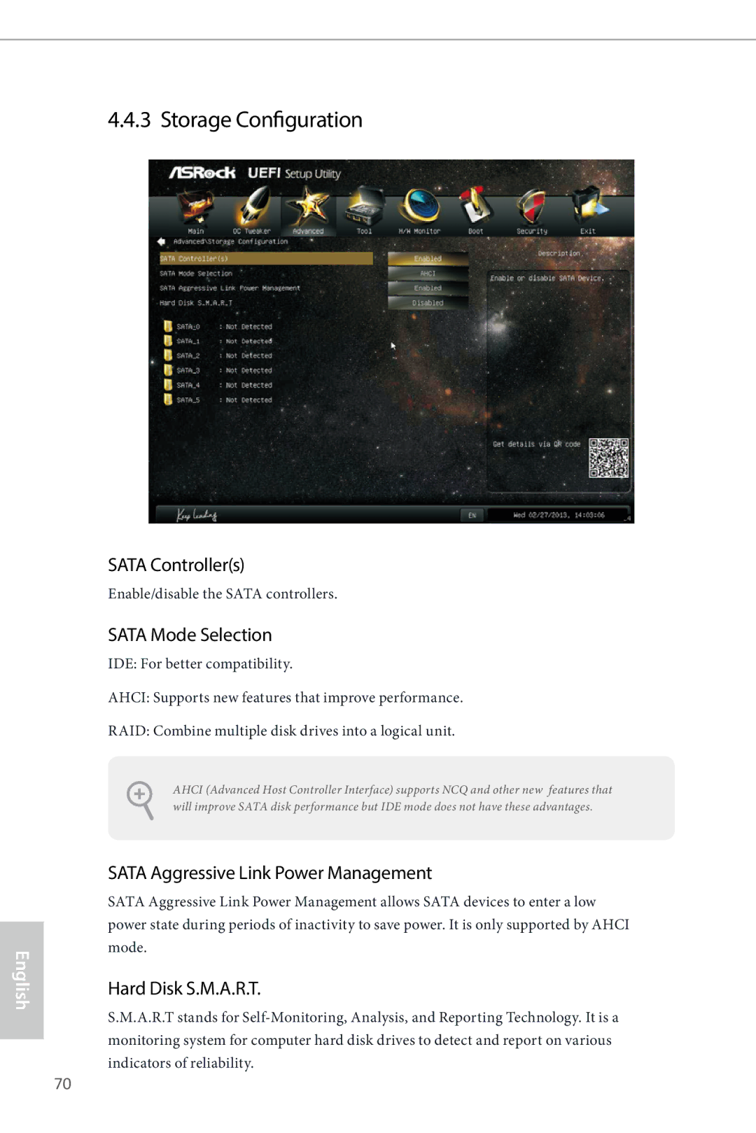 ASRock H87E-ITX/ac Storage Configuration, Sata Controllers, Sata Mode Selection, Sata Aggressive Link Power Management 