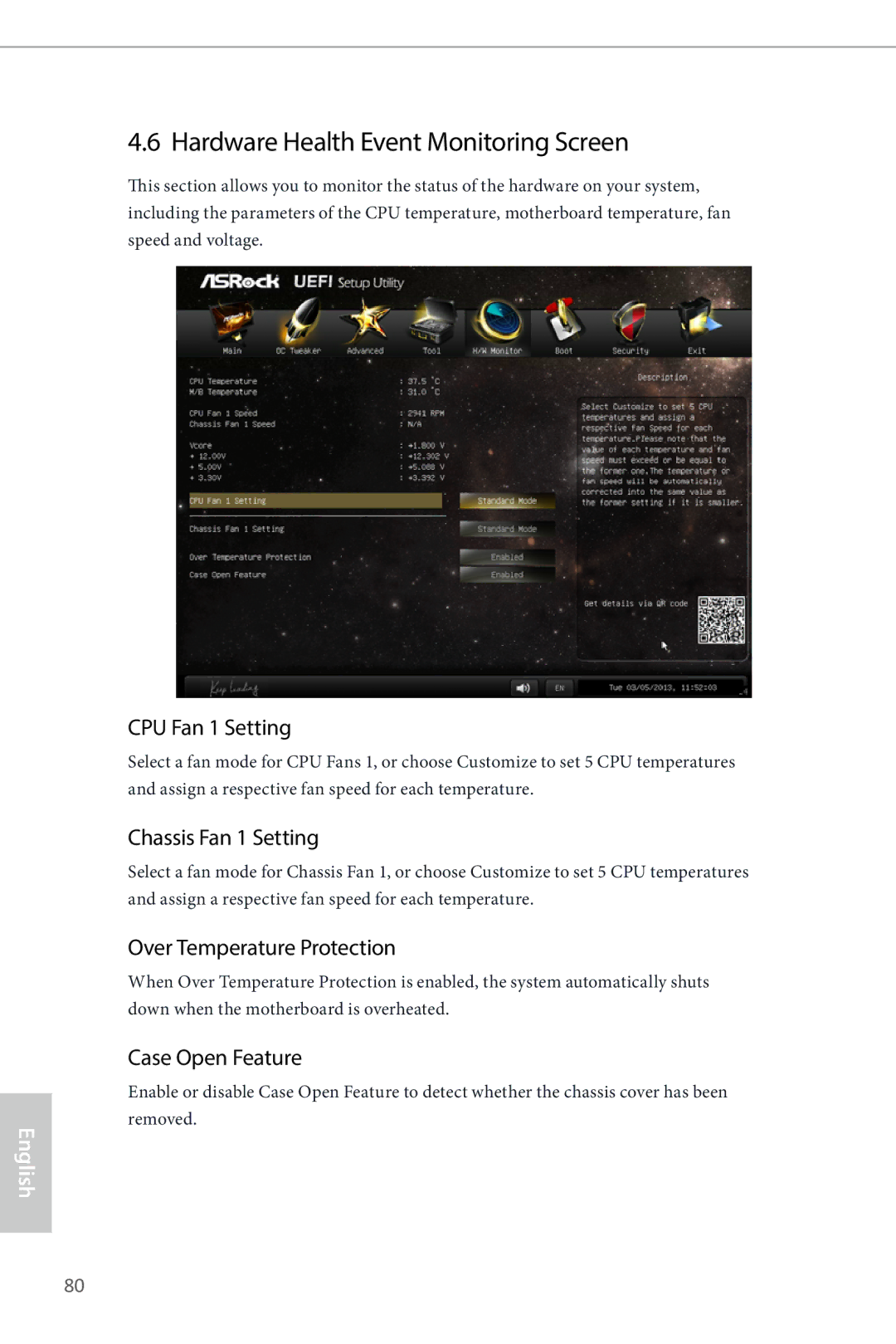 ASRock H87E-ITX/ac Hardware Health Event Monitoring Screen, CPU Fan 1 Setting, Chassis Fan 1 Setting, Case Open Feature 