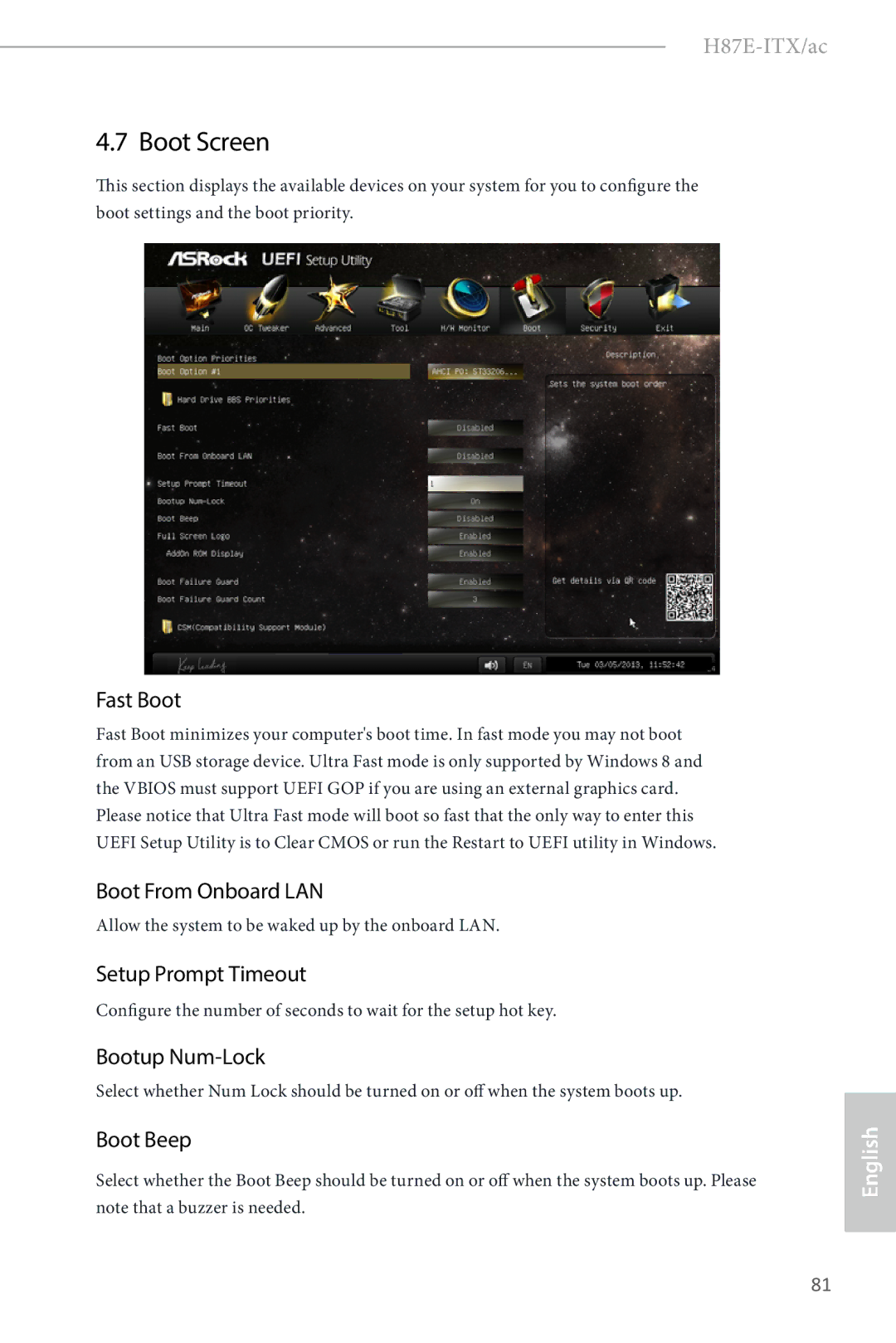 ASRock H87E-ITX/ac manual Boot Screen, Fast Boot, Boot From Onboard LAN, Setup Prompt Timeout, Bootup Num-Lock 