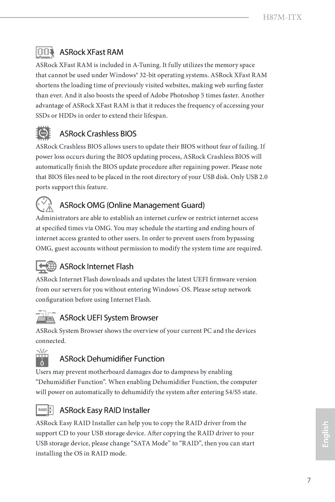ASRock H87M-ITX manual ASRock XFast RAM, ASRock Crashless Bios, ASRock OMG Online Management Guard, ASRock Internet Flash 