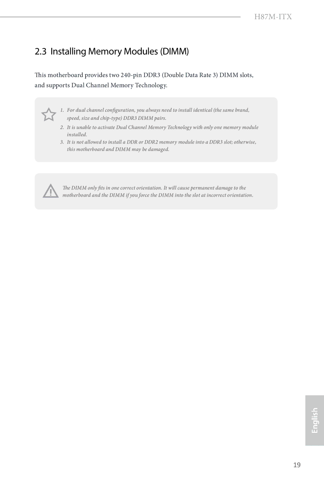 ASRock H87M-ITX manual Installing Memory Modules Dimm 