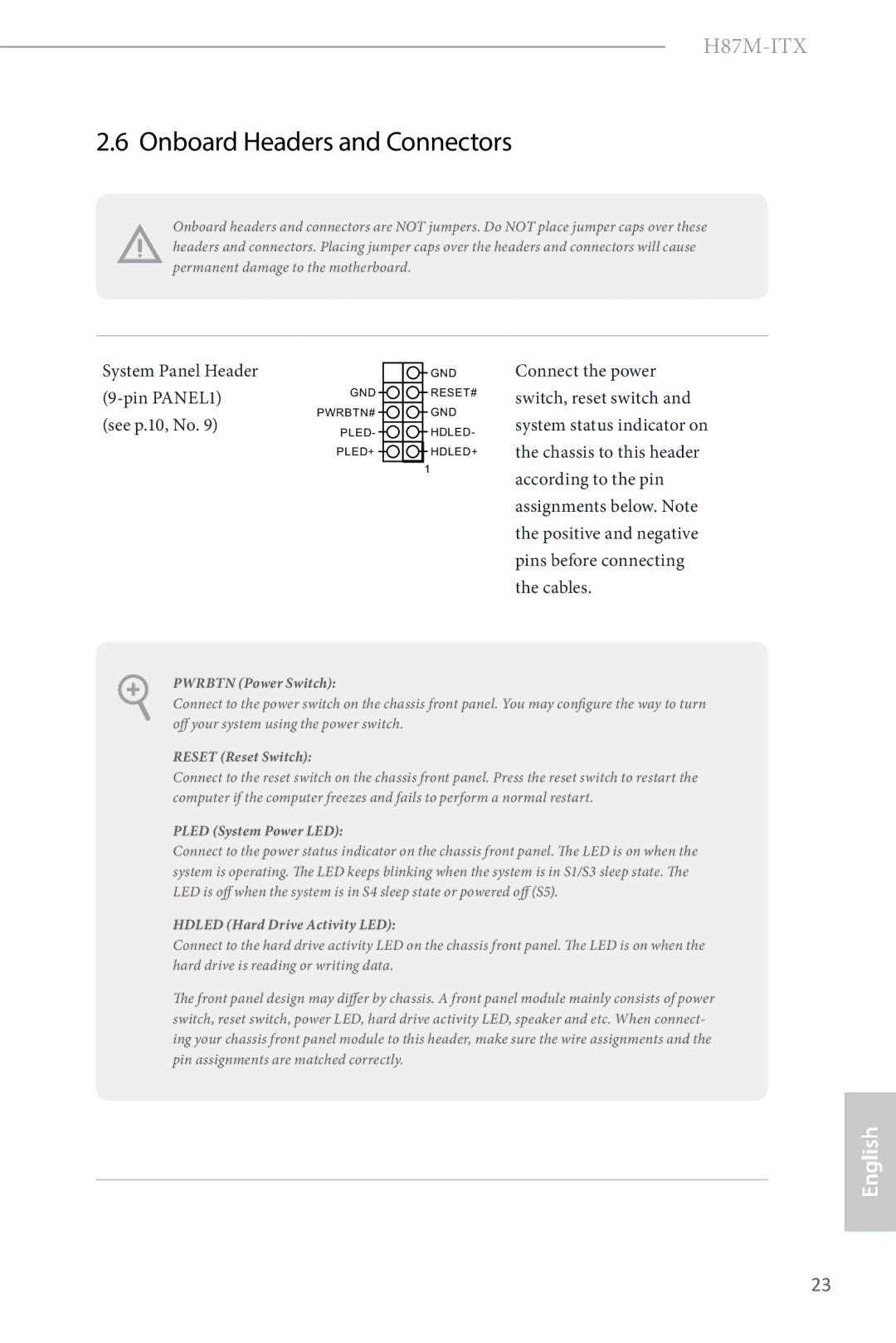 ASRock H87M-ITX manual Onboard Headers and Connectors, Pwrbtn Power Switch 