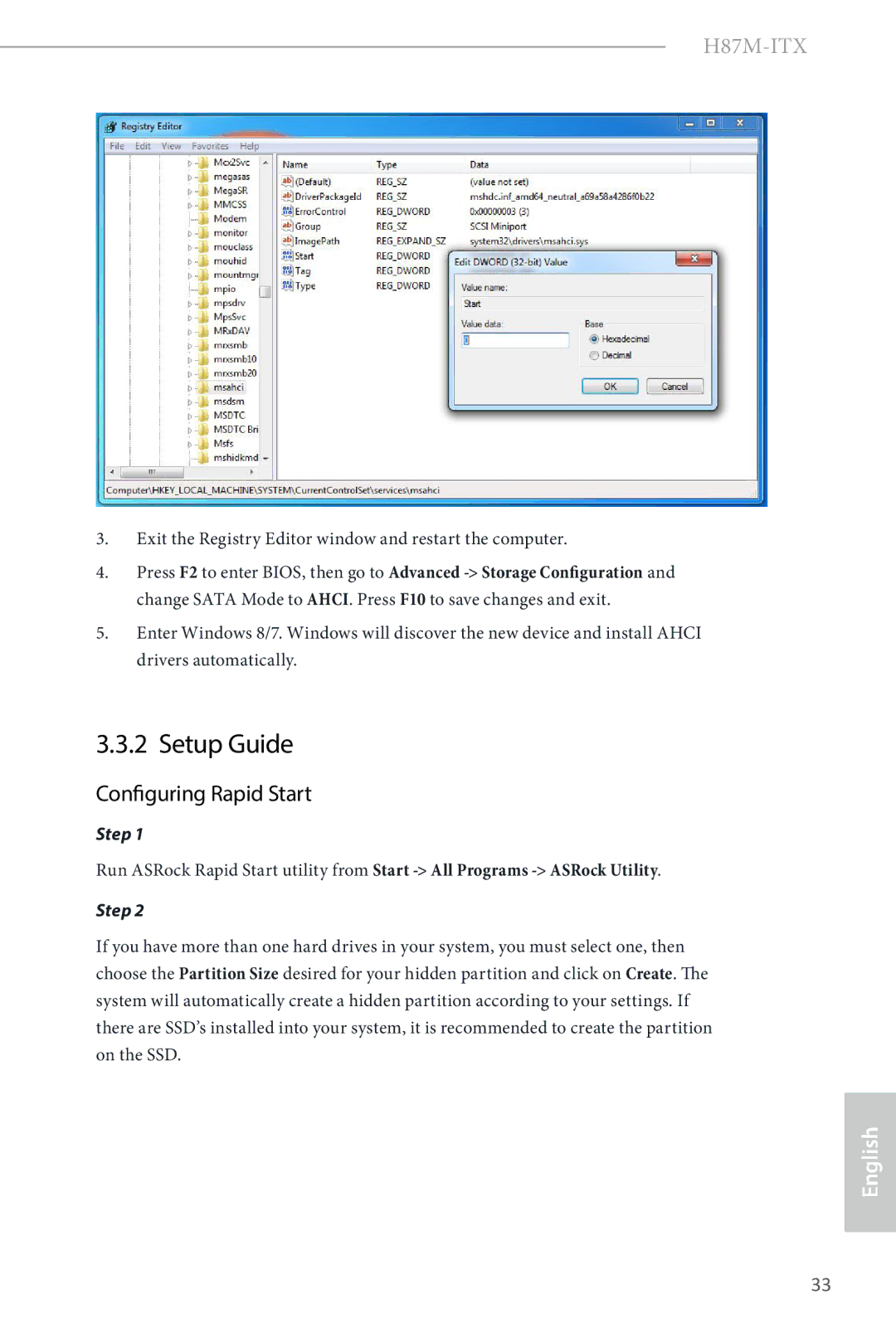 ASRock H87M-ITX manual Setup Guide, Configuring Rapid Start 