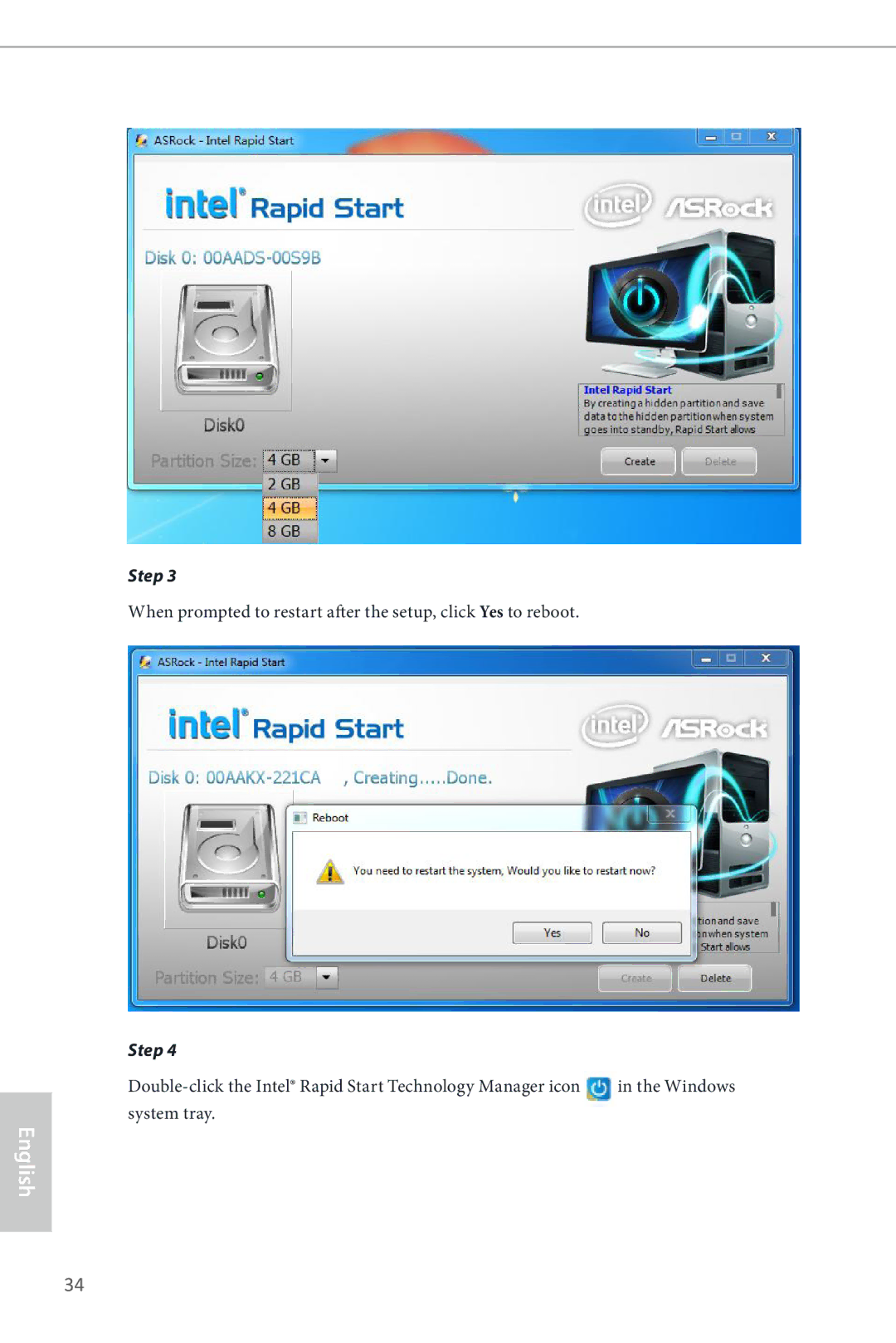 ASRock H87M-ITX manual Double-click the Intel Rapid Start Technology Manager icon 