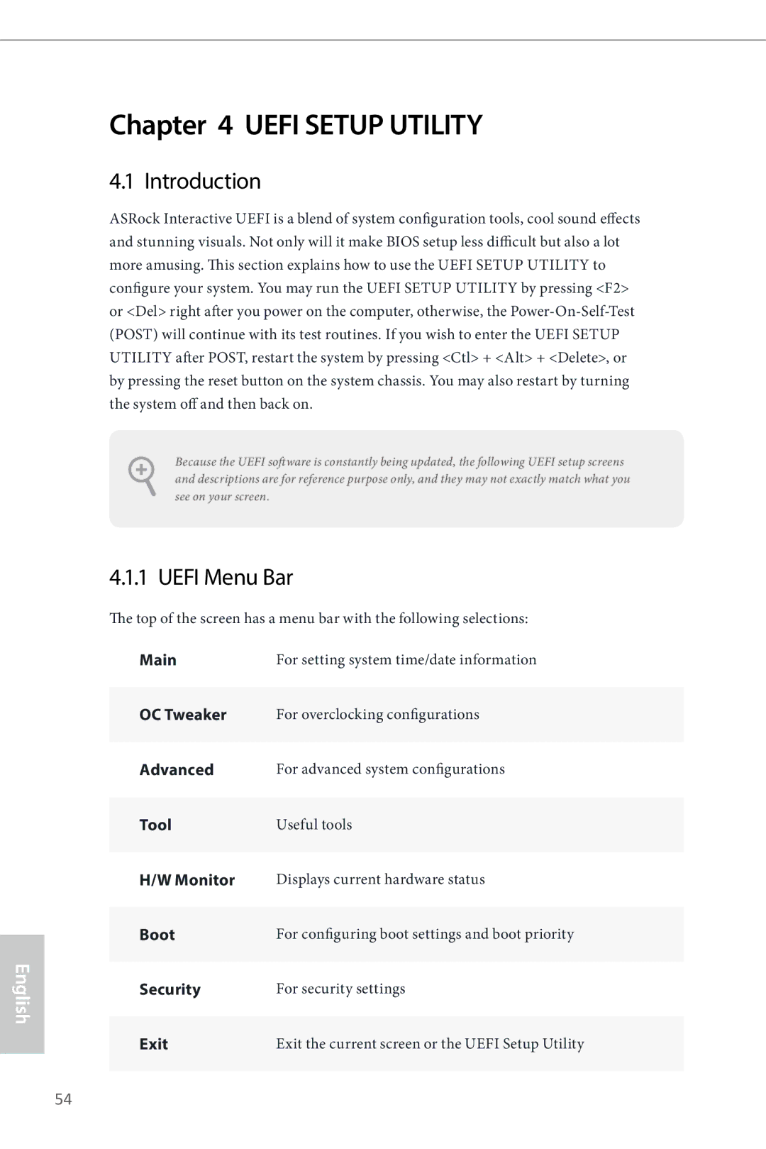 ASRock H87M-ITX manual Introduction, Uefi Menu Bar 