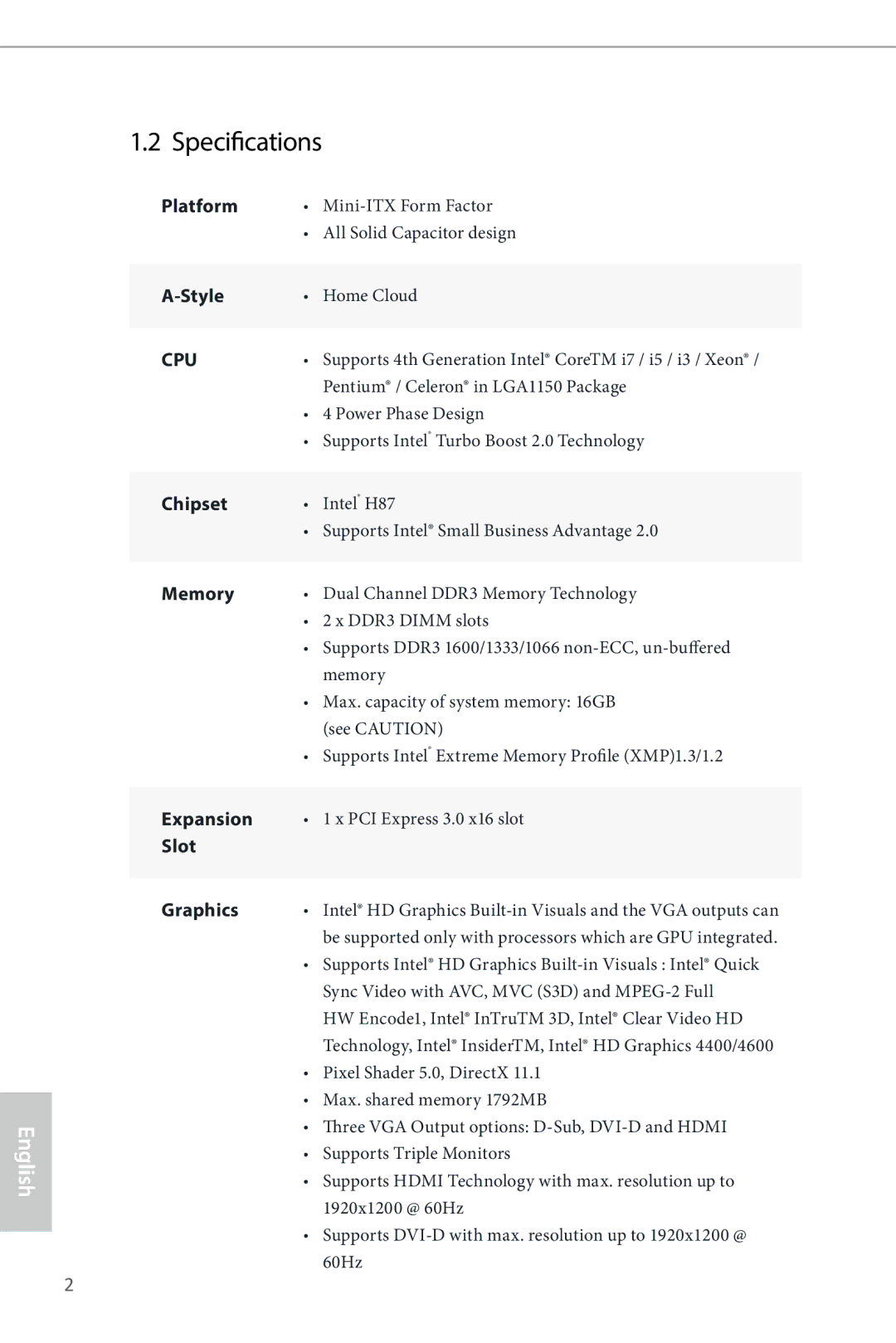 ASRock H87M-ITX manual Specifications, Cpu 