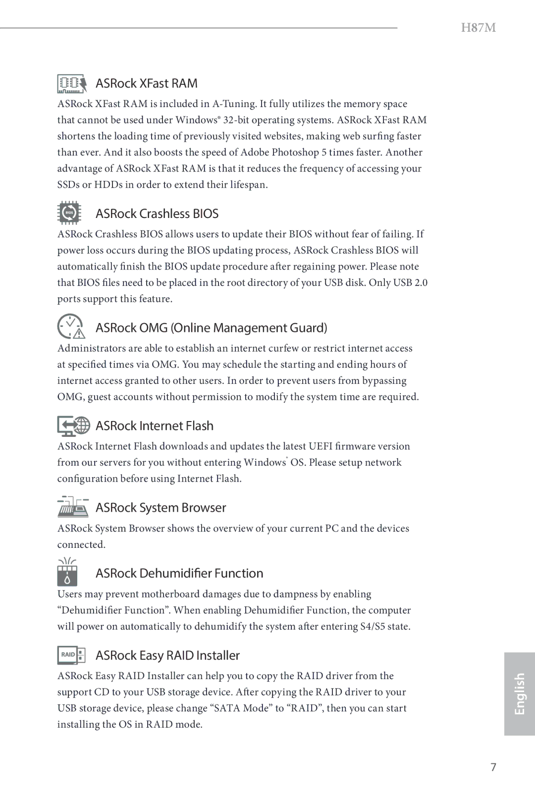 ASRock H87M manual ASRock XFast RAM, ASRock Crashless Bios, ASRock OMG Online Management Guard, ASRock Internet Flash 