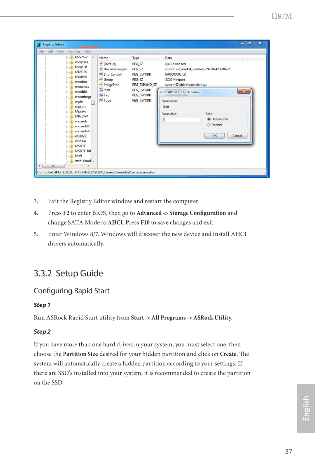 ASRock H87M manual Setup Guide, Configuring Rapid Start 