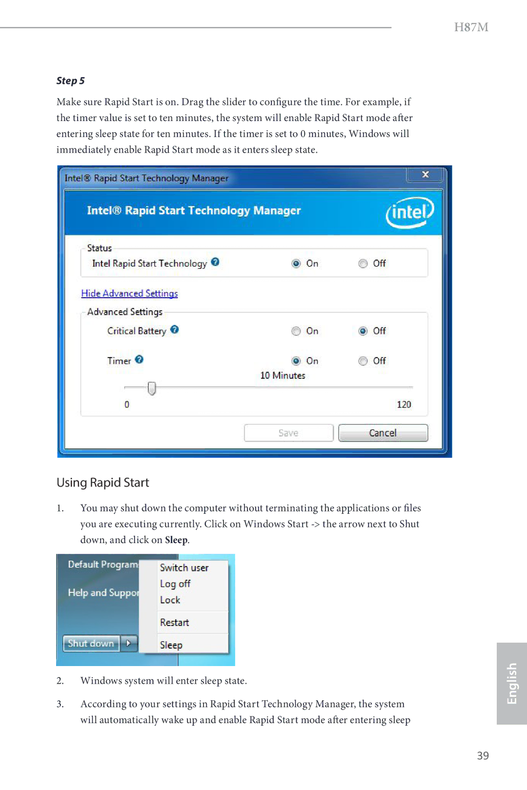 ASRock H87M manual Using Rapid Start 