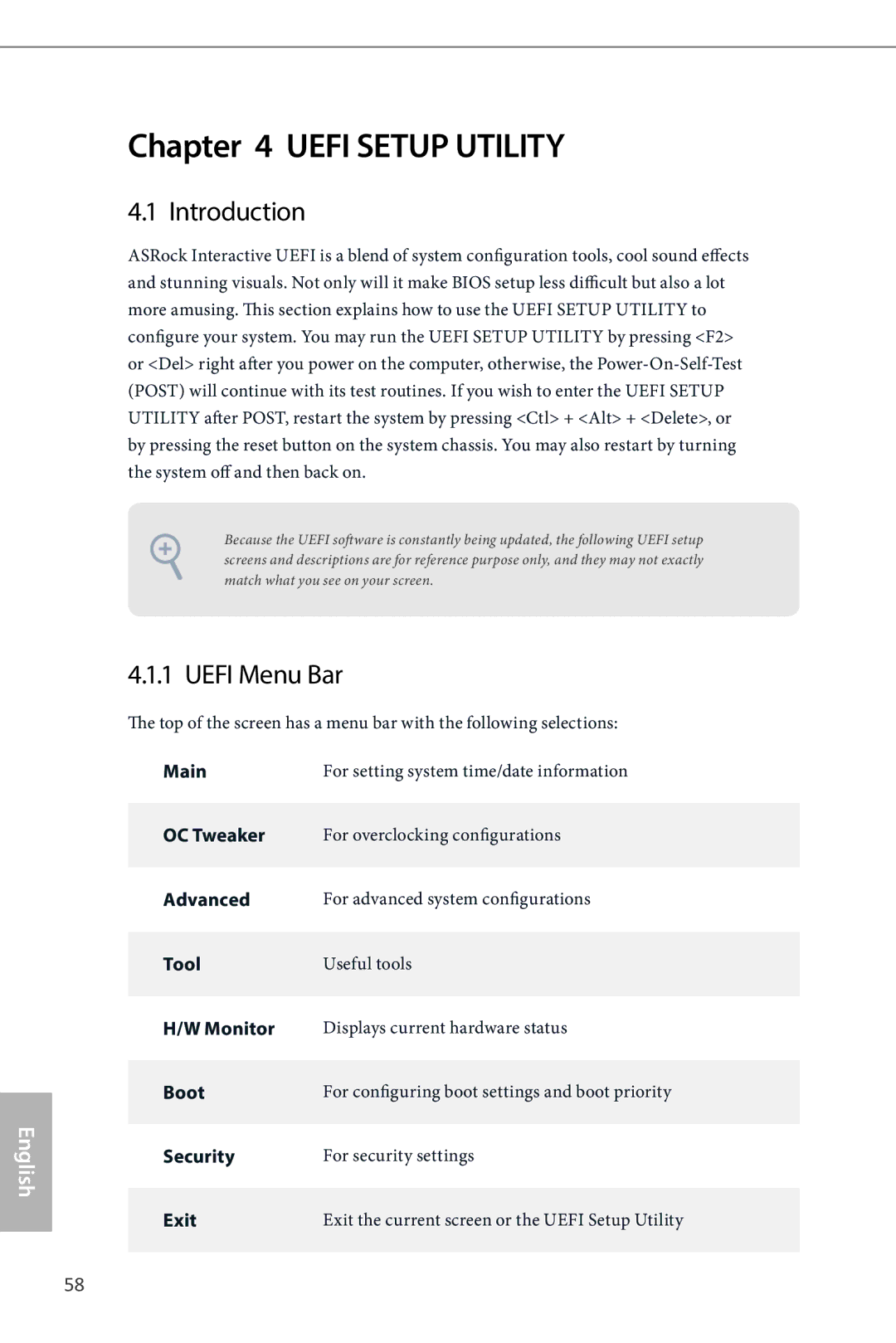 ASRock H87M manual Introduction, Uefi Menu Bar 