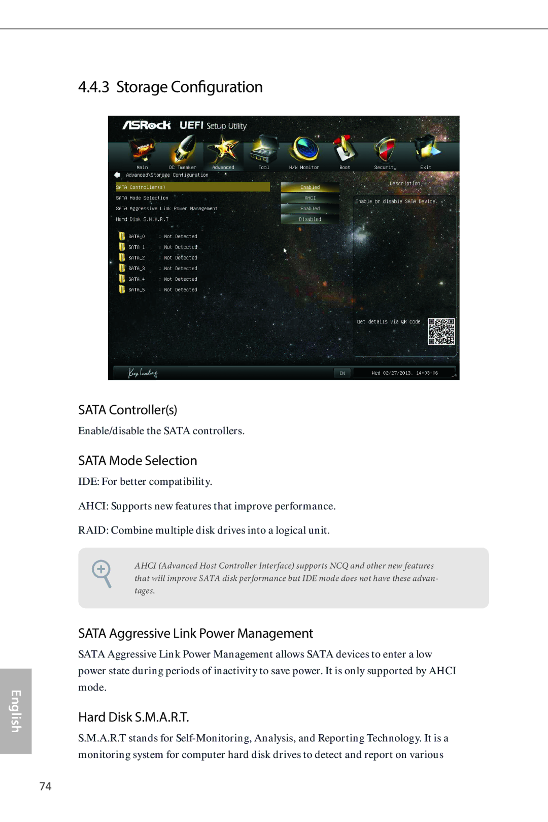 ASRock H87M manual Storage Configuration, Sata Controllers, Sata Mode Selection, Sata Aggressive Link Power Management 