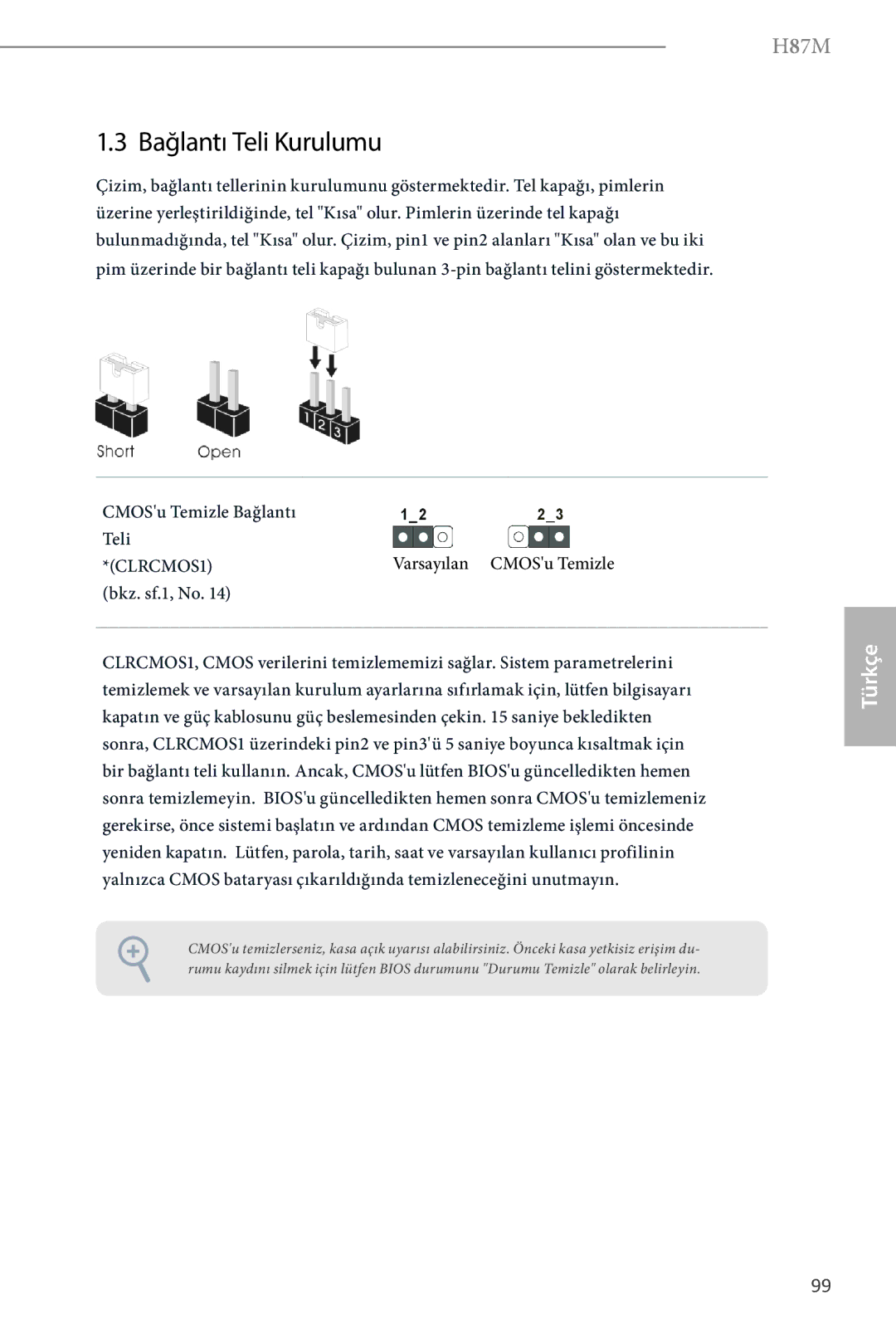 ASRock H87M manual Bağlantı Teli Kurulumu, CMOSu Temizle Bağlantı Teli Varsayılan CMOSu Temizle, Bkz. sf.1, No 