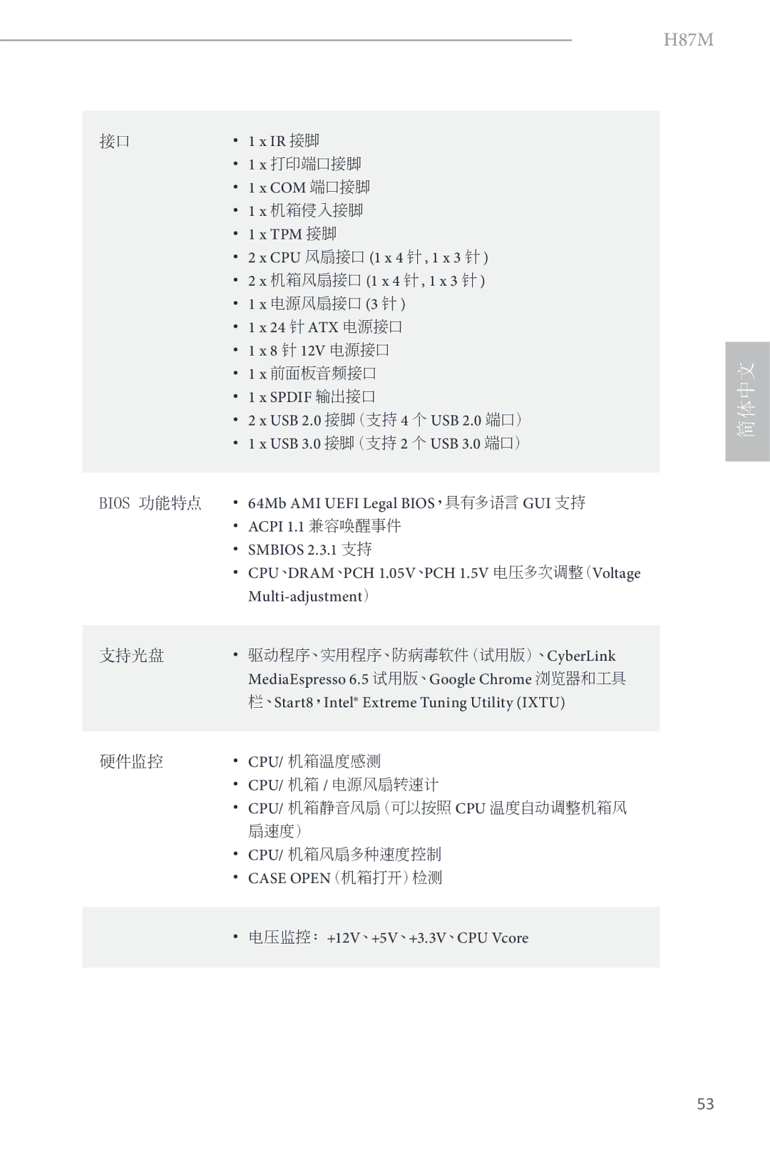 ASRock H87M manual Ir 接脚, Com 端口接脚, Tpm 接脚, CPU 风扇接口 1 x 4 针, 1 x 3 针, 机箱风扇接口 1 x 4 针, 1 x 3 针, 24 针 ATX 电源接口, 8 针 12V 电源接口 