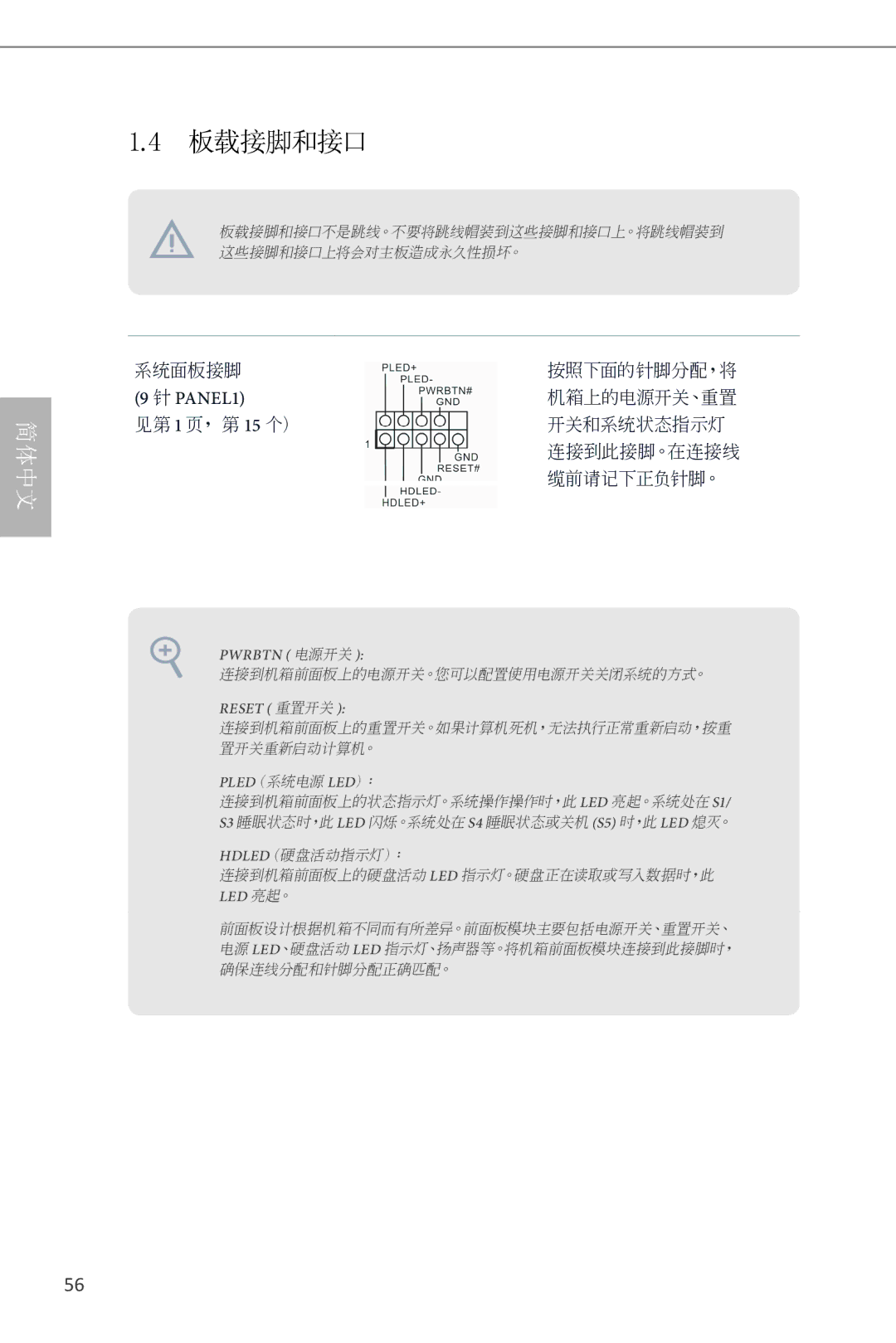 ASRock H87M manual 板载接脚和接口, PANEL1 