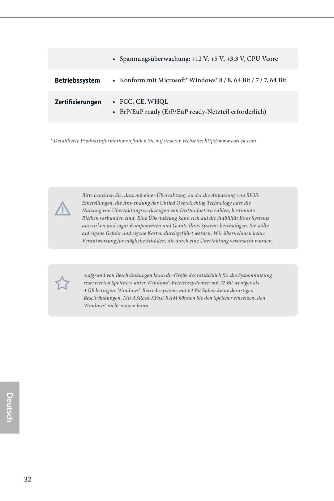 ASRock H87M manual Spannungsüberwachung +12 V, +5 V, +3,3 V, CPU Vcore, Betriebssystem, Zertifizierungen 