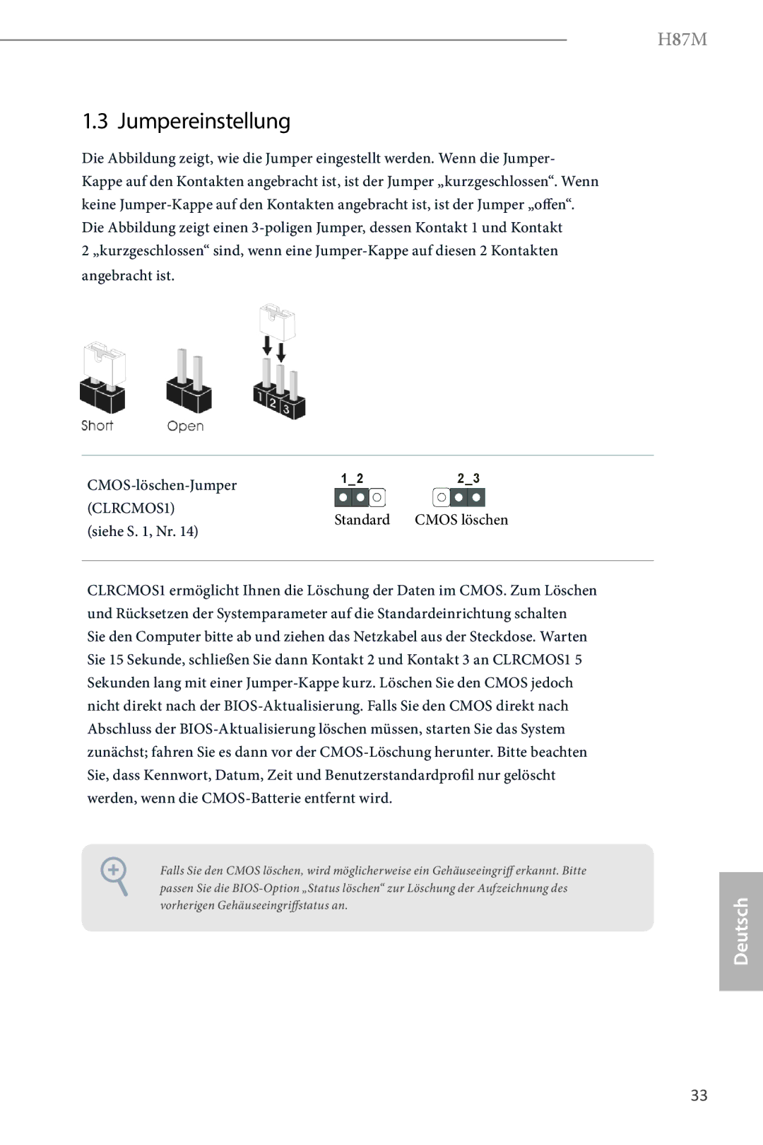 ASRock H87M manual Jumpereinstellung, Standard Cmos löschen, Siehe S , Nr 