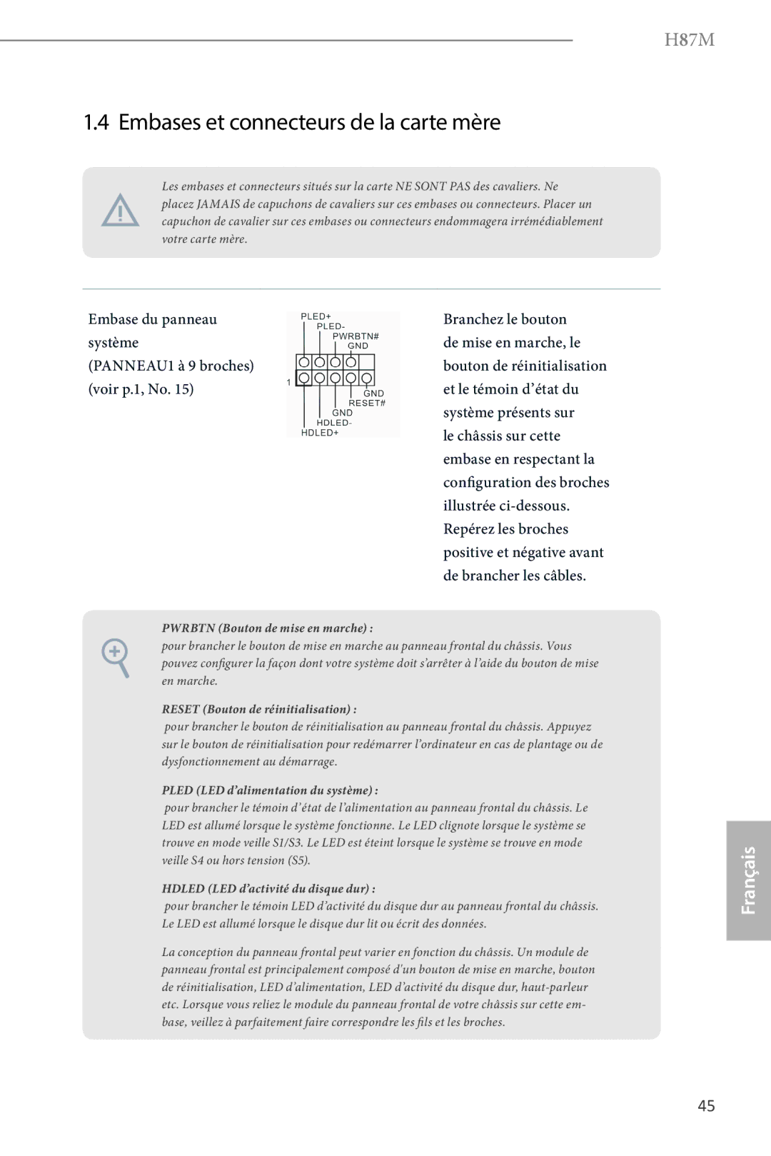 ASRock H87M manual Embases et connecteurs de la carte mère, Pwrbtn Bouton de mise en marche 