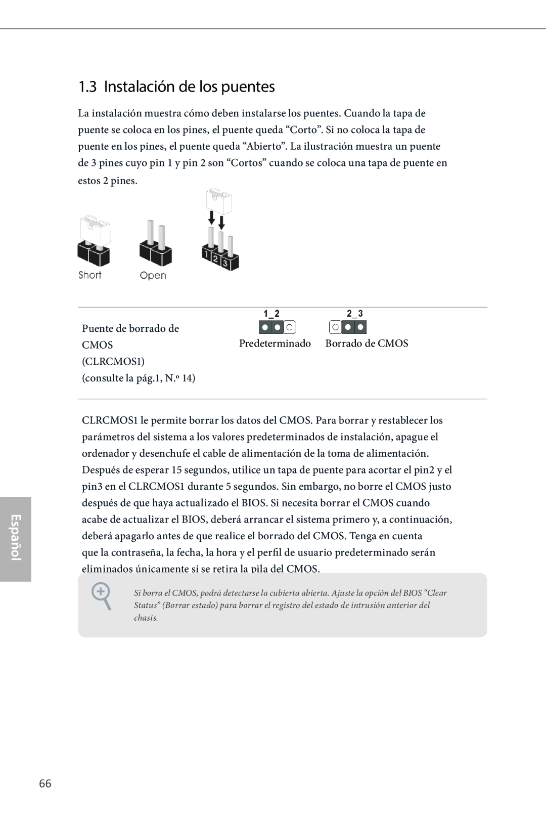ASRock H87M manual Instalación de los puentes, Puente de borrado de Predeterminado Borrado de Cmos, Consulte la pág.1, N.º 
